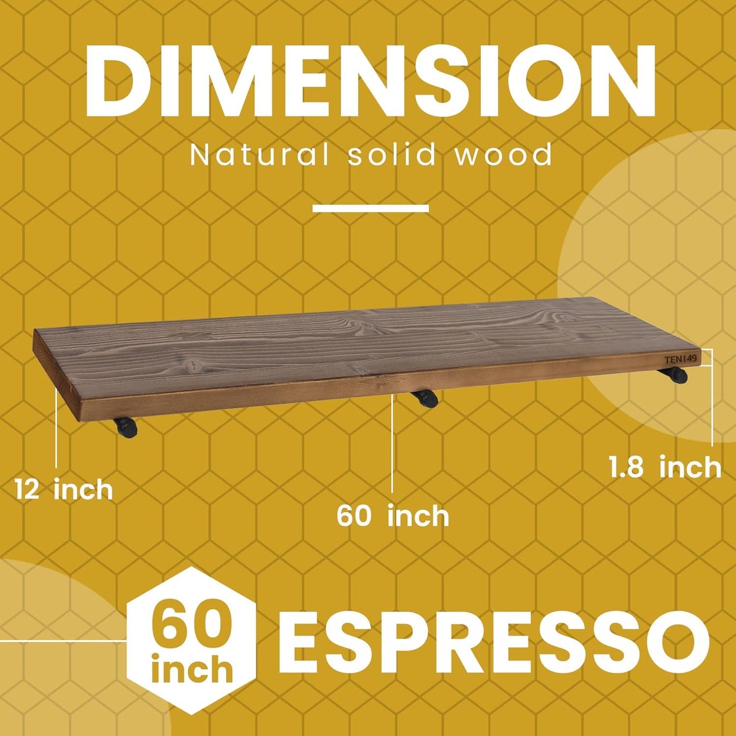 TEN49 Real Wood Rustic Floating Shelves Wall - 60 Wide Small Wooden Industrial Pipe Shelving 1.8 Thick - Farmhouse Pipe Wall Shelves Furniture Bathroom Decor Art Shelf - Dark Espresso Color - Set of 1