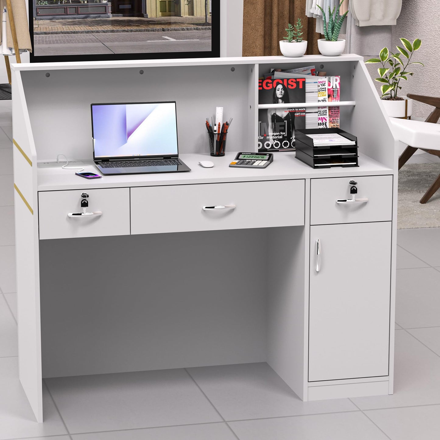 Spurgehom Reception Desk with Counter, Modern Front Table Equipped Lockers & Storage Shelves, 48-inch Checkout Counter with DIY Stripe for Lobbies, Salons, Retail, Home Offices, Reception Room