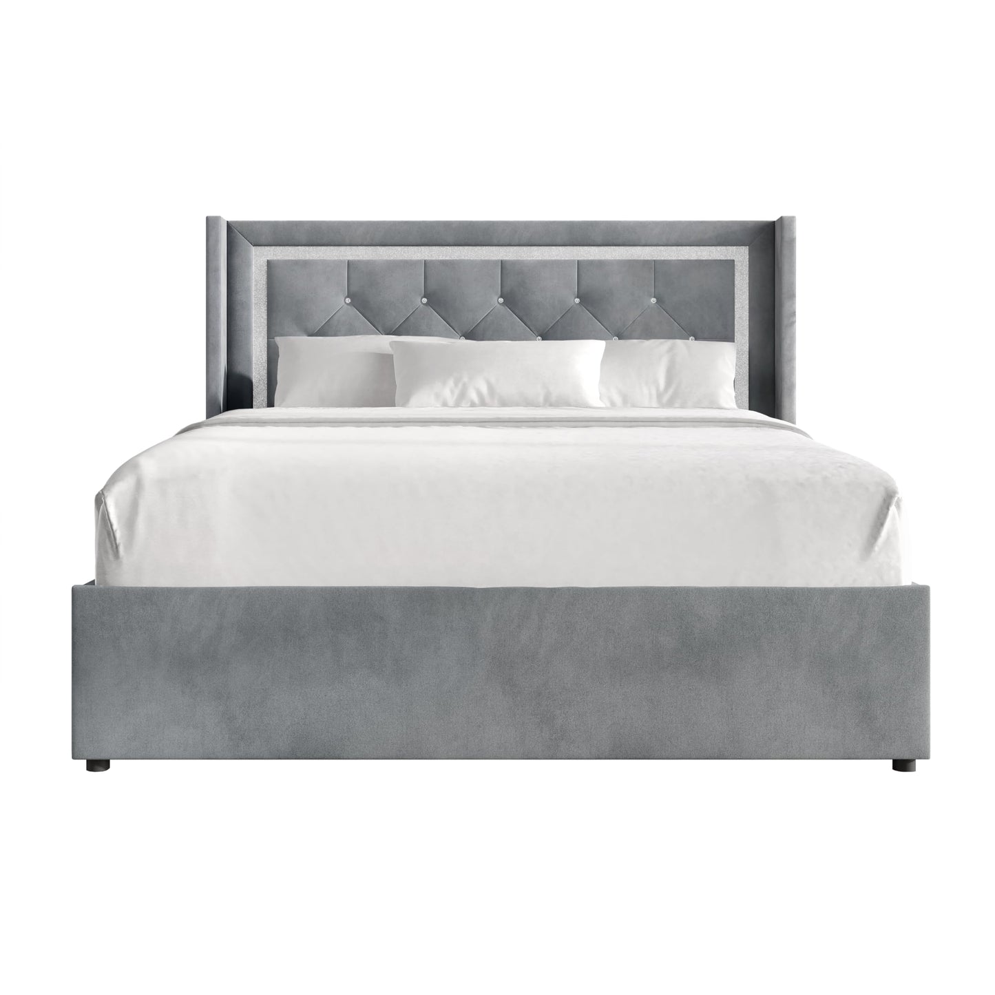 Castle Place Queen Wingback Velvet Upholstered Platform Lift-Up Storage Bed, Crystal Button Diamond Tufted and Diamond Strip Design, Light Grey