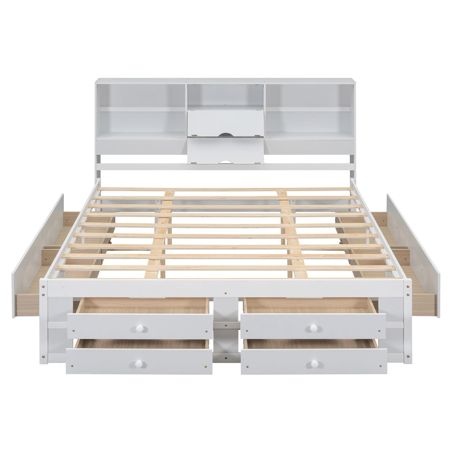 Merax Queen Size Bed Frame with Storage Headboard and 8 Drawers, Solid Wood Platform Bed, White