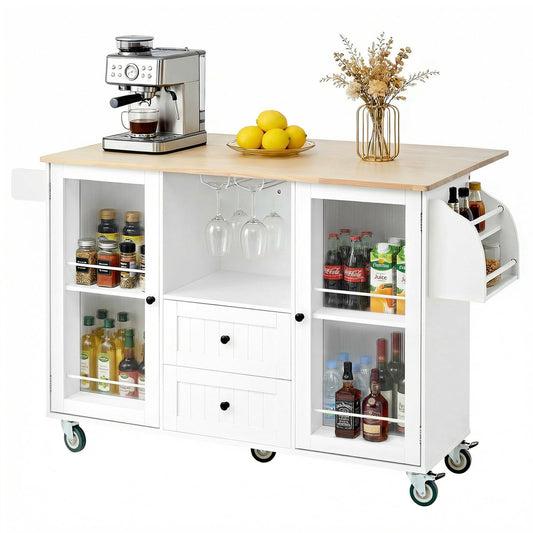 EVLIQUIL Kitchen Island Cart with Storage Cabinet & Drop Leaf, 50.4" Rolling Kitchen Table with Spice Rack & Towel Rack and Drawer, Portable Islands on Wheels, White