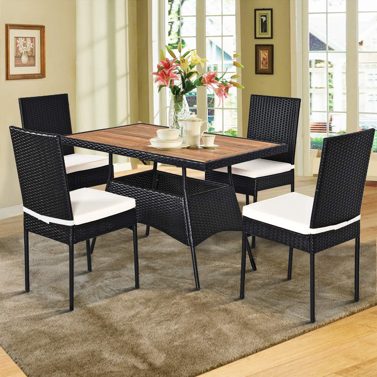 Tangkula 5 Piece Wicker Patio Dining Set, Outdoor Rattan Table & Chairs Set with Padded Cushions, Patio Furniture Dining Acacia Wood Table Set for Balcony Patio Garden Poolside