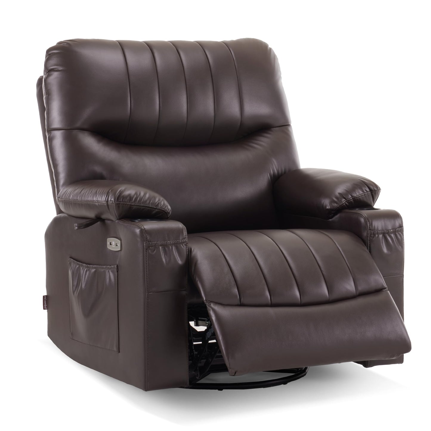 MCombo Oversized Swivel Glider Rocker Power Recliner Chair for Living Room with Heat and Vibration Massage, USB Ports, Cup Holders and Pockets, Faux Leather 7785 (Chocolate Brown)