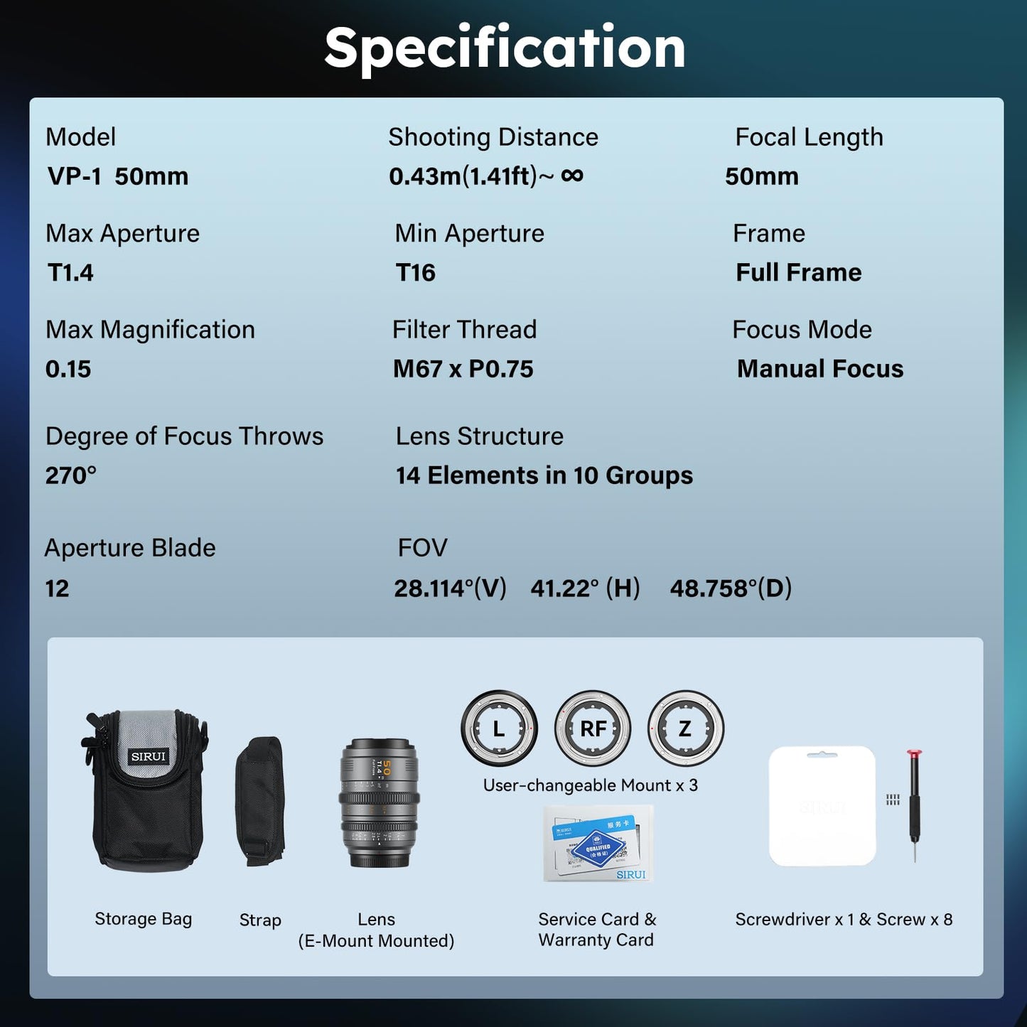 SIRUI VP-1 Vision Prime 1 T1.4 Full Frame Cine Lens, 50mm Manual Focus Cinema Lens with Pre-Installed E Mount, Interchangeable RF/Z/L Mounts (Metal Gray)