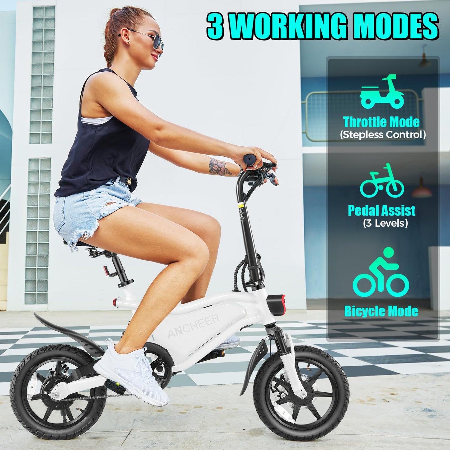 ANCHEER 374Wh Folding Electric Bike for Adults, 20MPH Ebike, 25-45 Miles Ebikes for Adults, 14" Foldable Electric Bicycle, Cruise Control, LCD Digital Display, Dual Suspension(White)