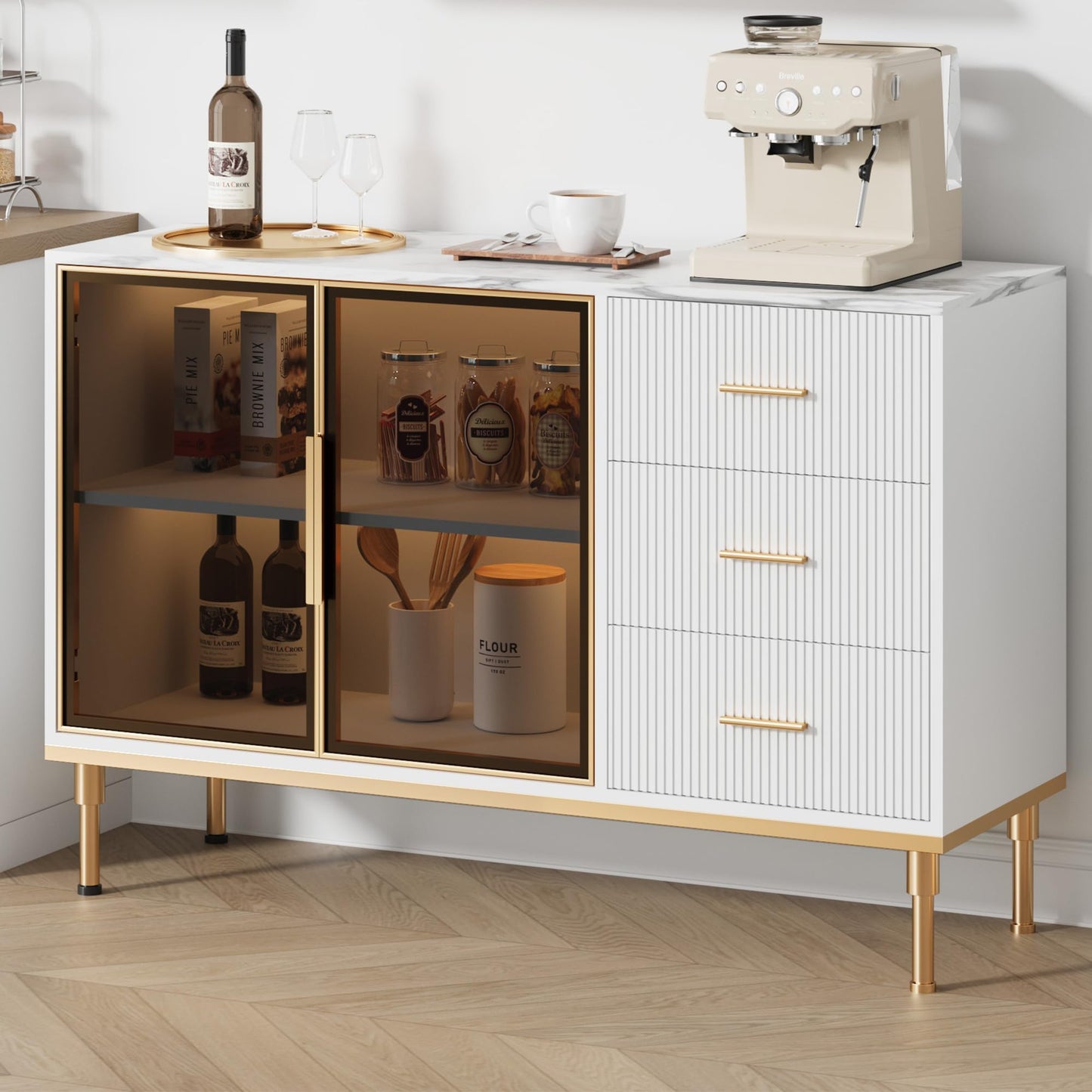 GAOMON Buffet Sideboard Cabinet with Storage, 46.4" Large Fluted Kitchen Sideboard Cabinet with 2 Glass Doors 3 Drawers and Shelves, Faux Marble Top Buffet Table for Dining Room, Living Room, White