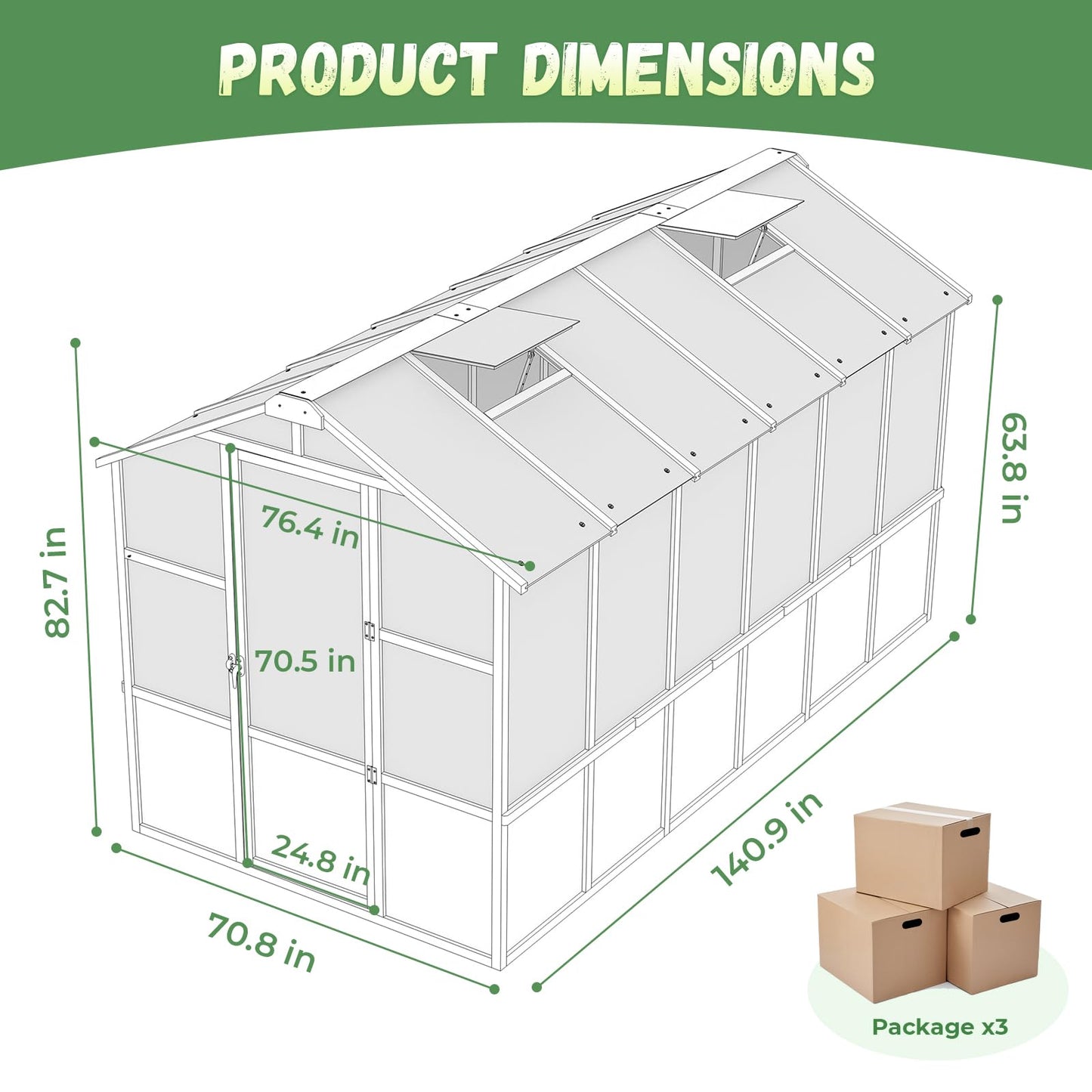 Jocoevol 6x12FT Greenhouse for Outdoors, Wooden Frame Polycarbonate Green House w/ Adjustable Roof Vent and Lockable Door Handle, Walk-in Greenhouses for Outside Garden Backyard