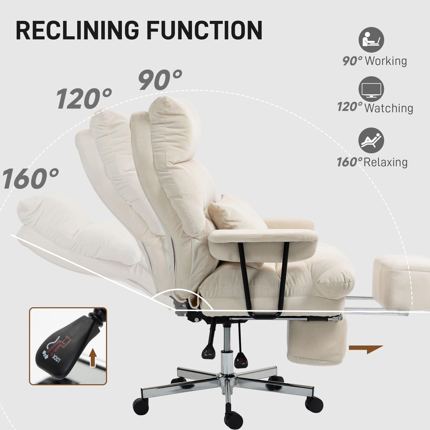 HOMCOM Large Overstuffed Office Chair with Lumbar Support, High Back Reclining Executive Corduroy Computer Desk Chair with Footrest, Swivel Wheels, Cream White