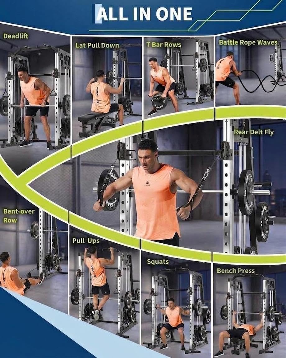 Smith Machine Home Gym, 2200lbs Squat Rack Power Cage with LAT-Pull Down System & Cable Crossover Machine, Multi-Function Training Equipment with Leg Hold-Down Attachment