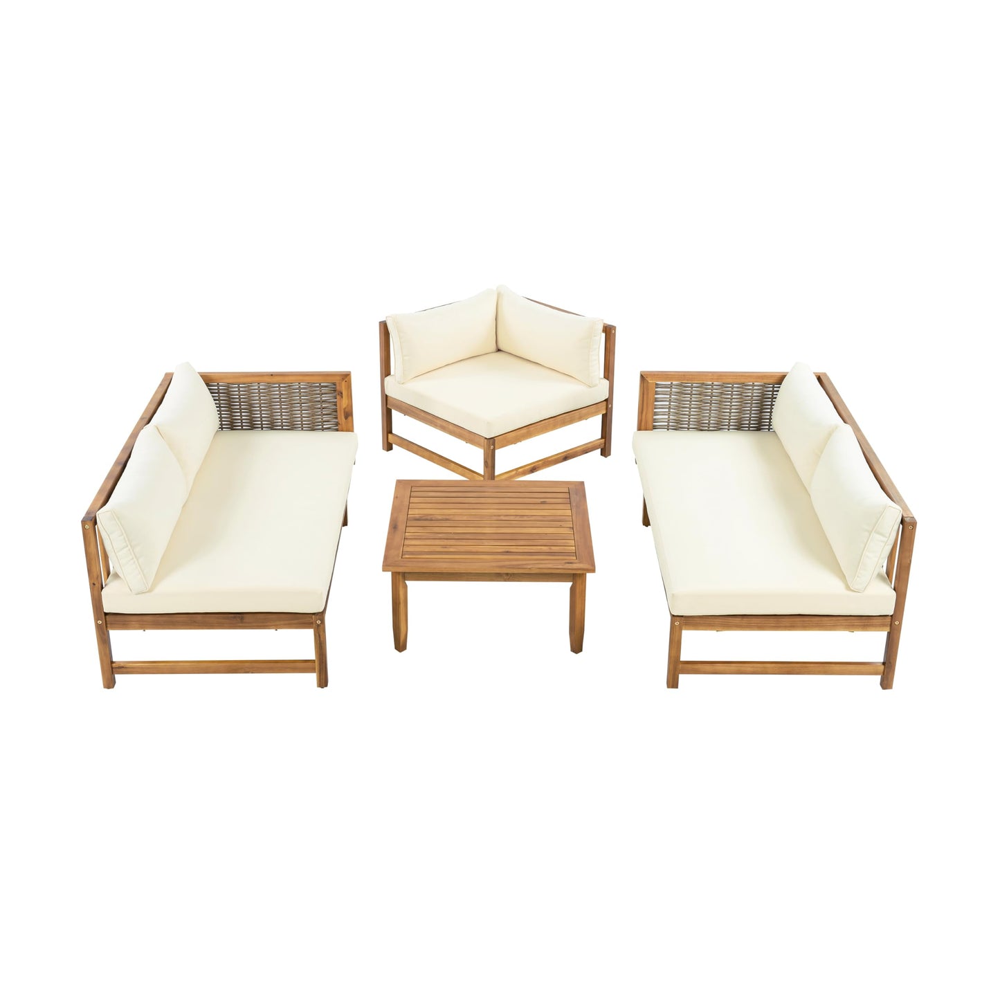 Merax Acacia Wood Outdoor Patio Furniture Set with L Shape Sectional Sofa and Coffee Table for Garden, Backyard, Porch and Balcony
