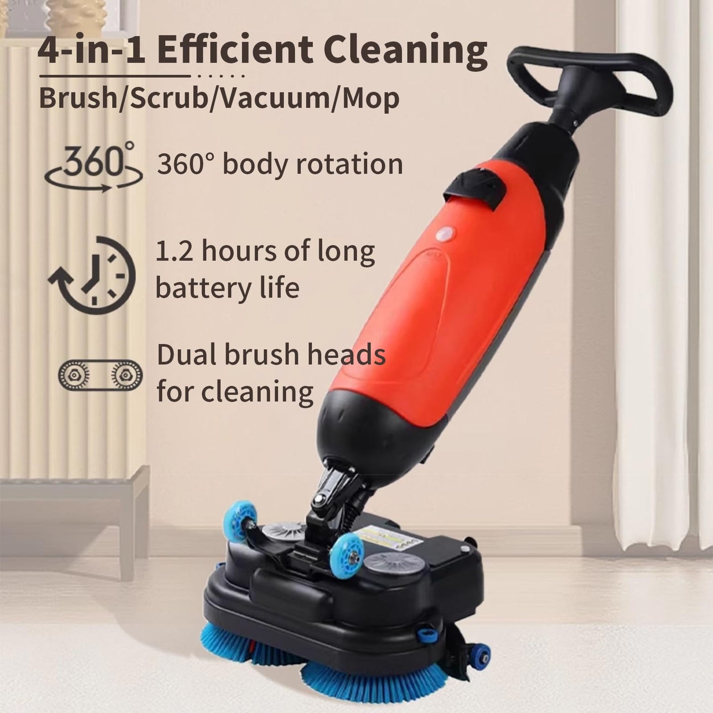 LADECNERHT Battery Powered Walk Behind Mini Automatic Floor Scrubber Machine, 17” Cleaning Width, 90 Minute Runtime, 240 RPM, for Small Commercial Spaces, Offices, Retail & More