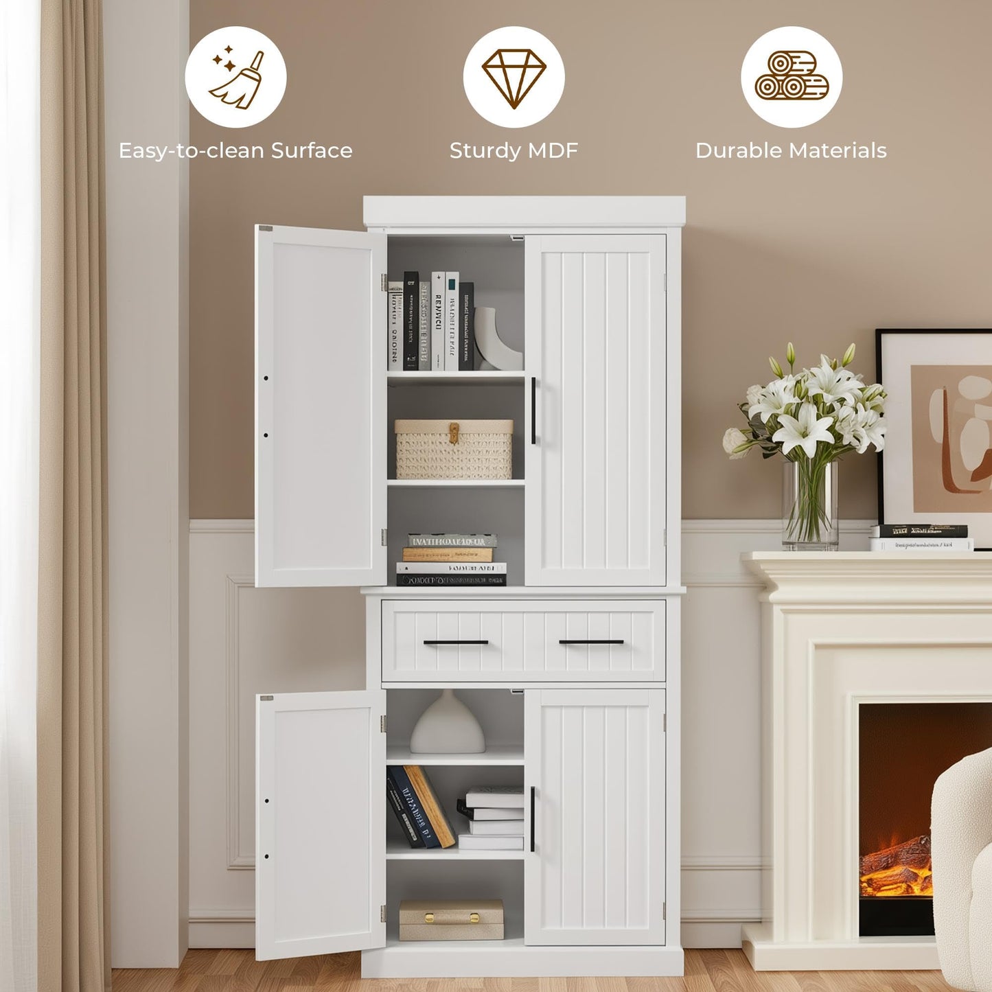 Yaheetech Kitchen Pantry Storage Cabinet with 4 Doors and 2 Adjustable Shelves, 72.5" Freestanding Tall Cupboard Cabinet with Drawer for Dining/Living Room, White