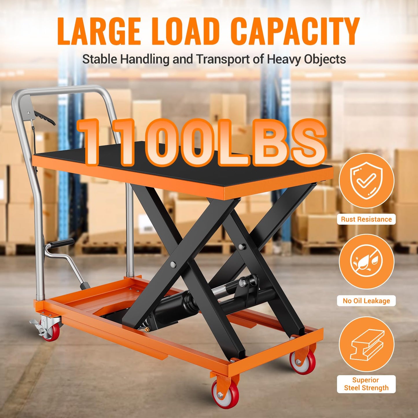 Hydraulic Lift Table Cart, 1100 LBS Capacity 32 in Lifting Height, Manual Single Scissor Lift Table with Locking Wheels and Non-Slip Pad, Hydraulic Scissor Cart for Material Handling