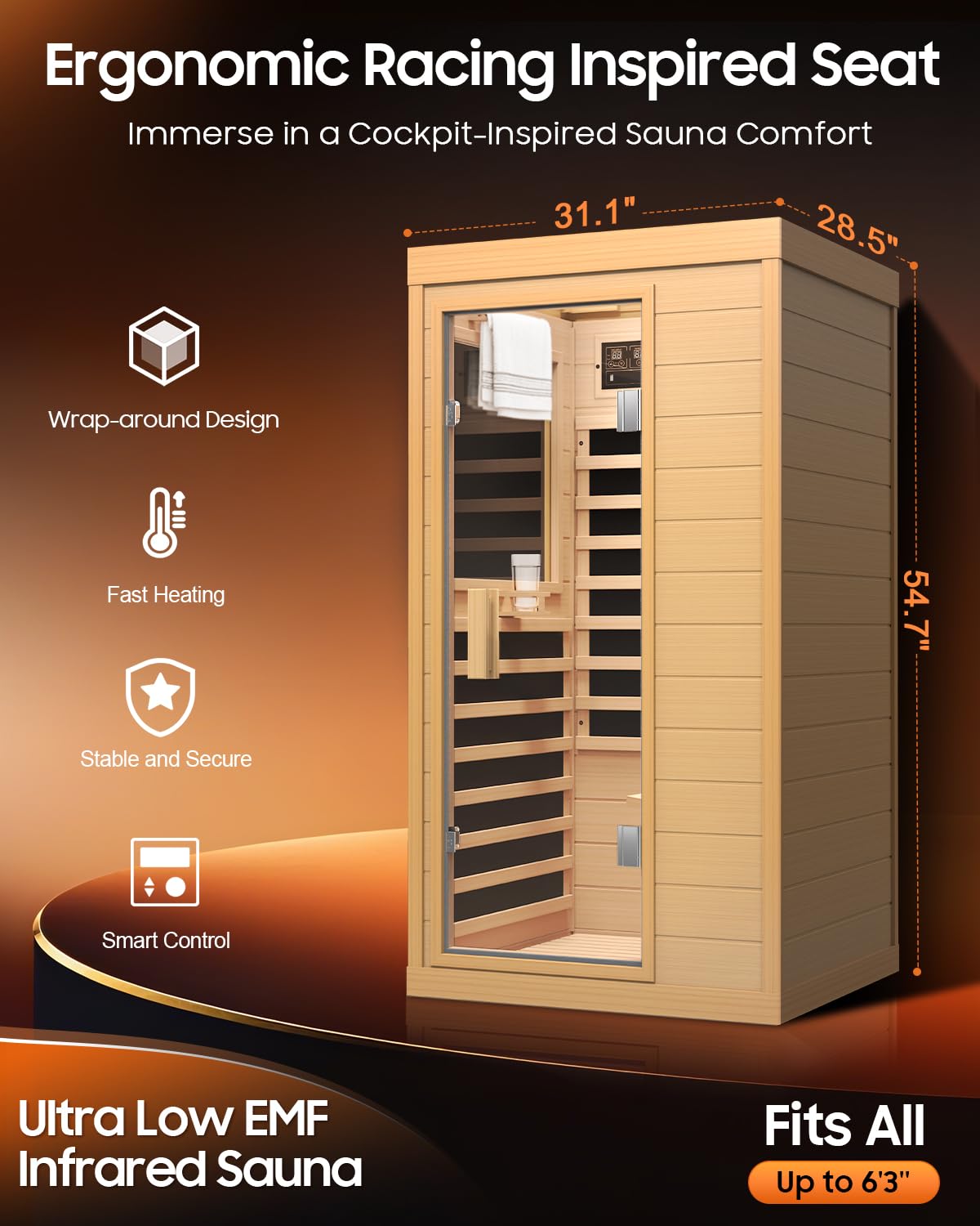 OUTARFIE Sauna Infrared Sauna, Hemlock 1 Person Dry Sauna with Backrest, 1062W Fast Heating Low EMF Sauna with 5 Carbon Heaters, Sauna Infrared with Bluetooth & Integrated Speakers (Wood)