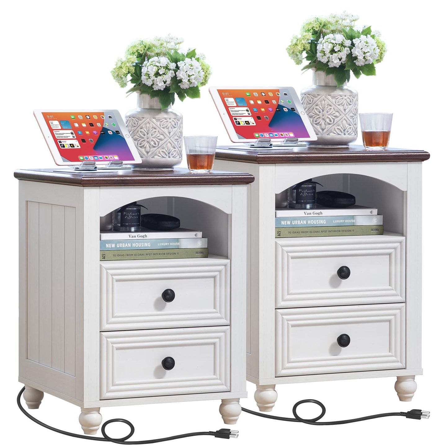RWYHG 18" Farmhouse Night Stands Set of 2 with Charging Station, Wooden Nightstand with 2 Drawers, Bedside End Table with Storage, Bed Side Tables Cabinet for Bedroom, Living Room, and Closet(White)