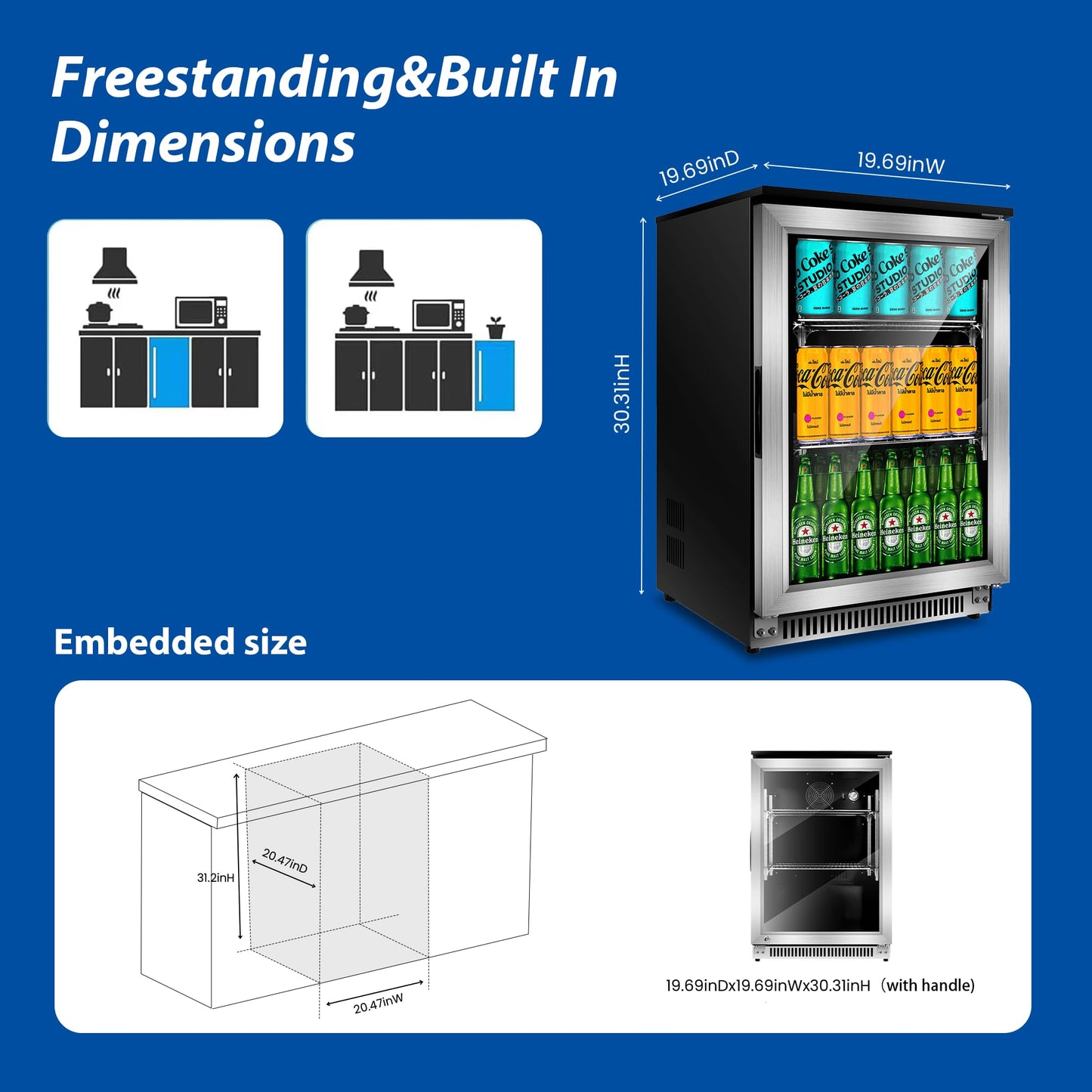 Advanics 20 Inch Beverage Refrigerator Cooler,Under Counter Drink Fridge with Glass Door, Built-in or Freestanding, Quiet Compressor Cooling, 120 Can Capacity for Beer and Soda