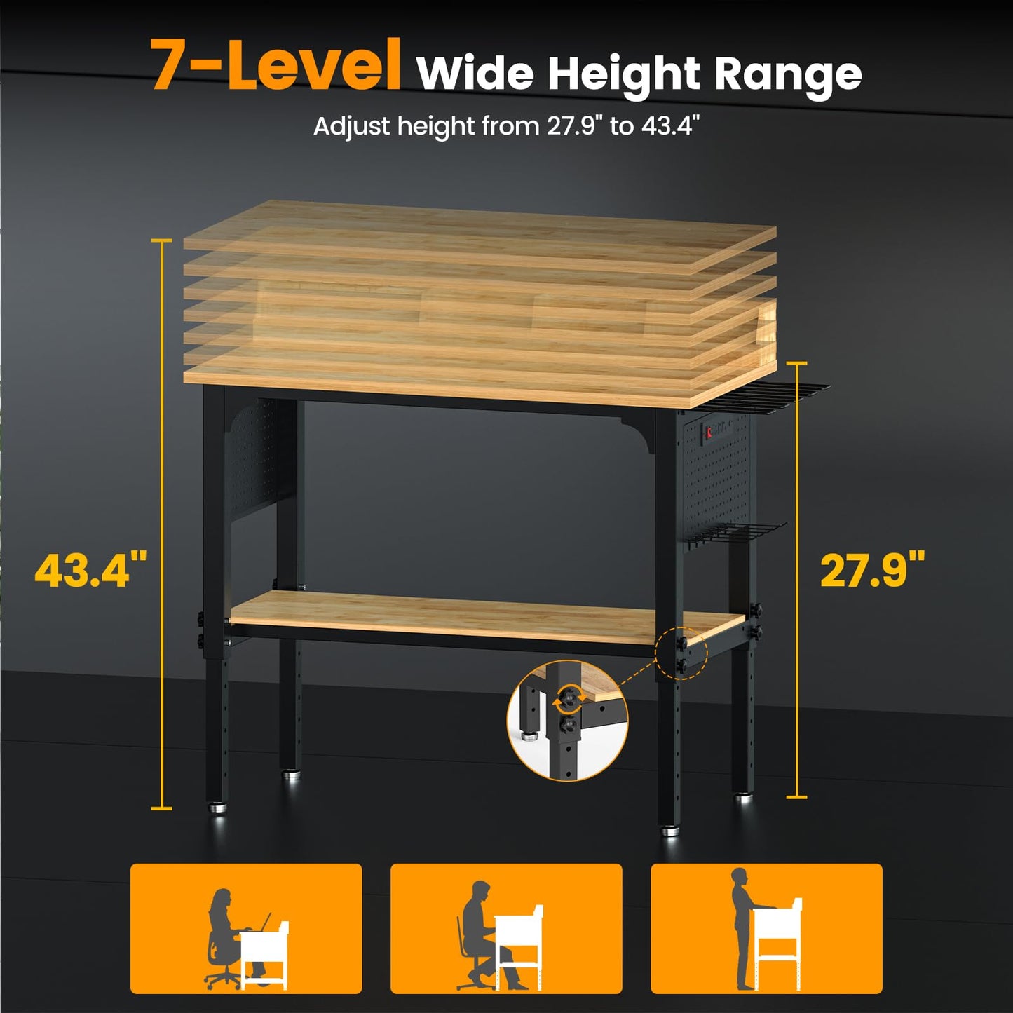 Workbench Adjustable Height Heavy Duty Work Bench with Storage, 2200 LBS Load Capacity Work Table, Pegboard, Built-in Power Outlet, Lockable Wheels for Garage, Workshop, Warehouse & Home