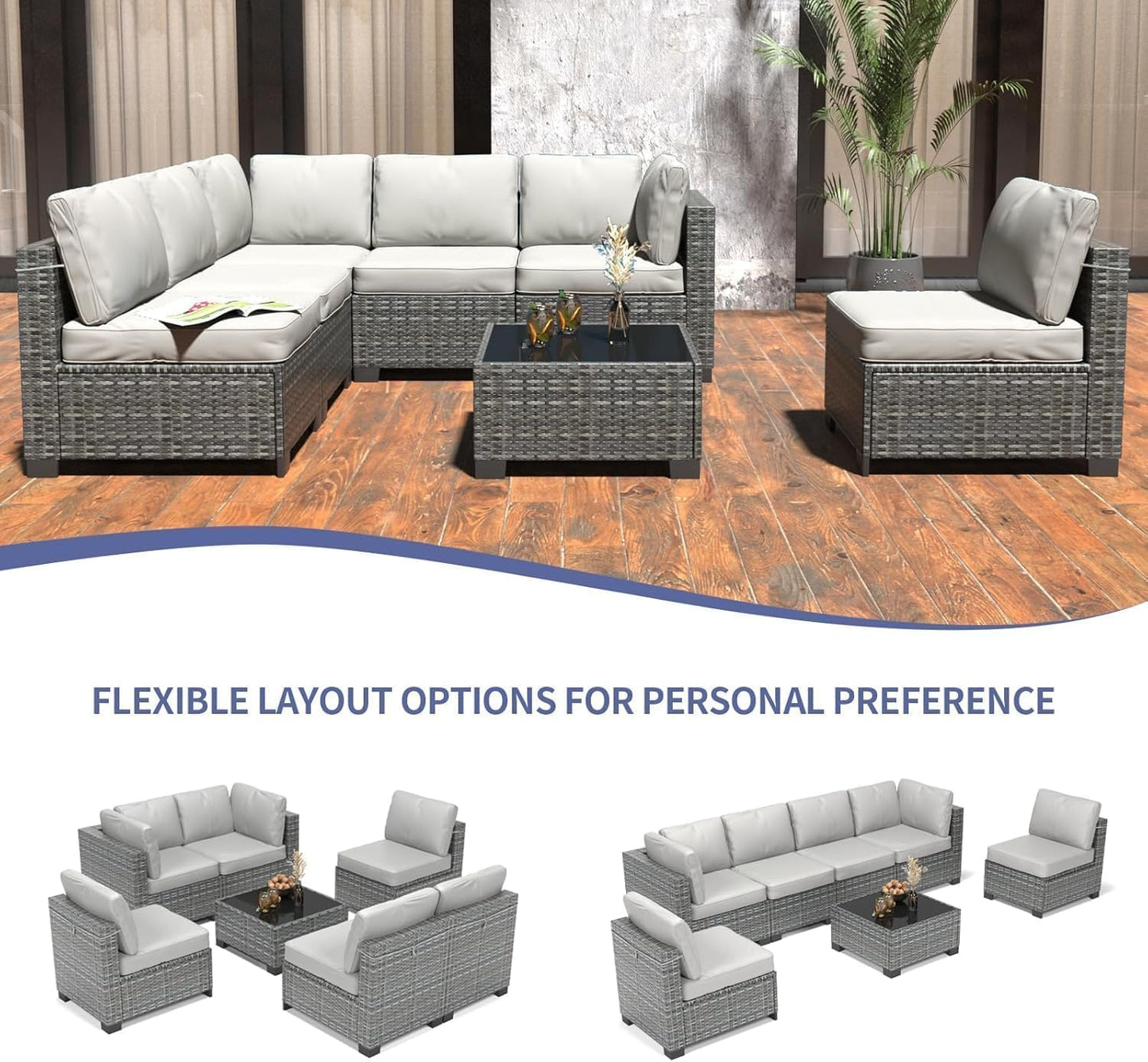 Patio Furniture Set, 7 Pieces Outdoor Sectional Sofa Set with Dining Table & Thickened Cushions, All-Weather PE Wicker Patio Furniture for Garden Lawn Deck, Grey & Light Gray
