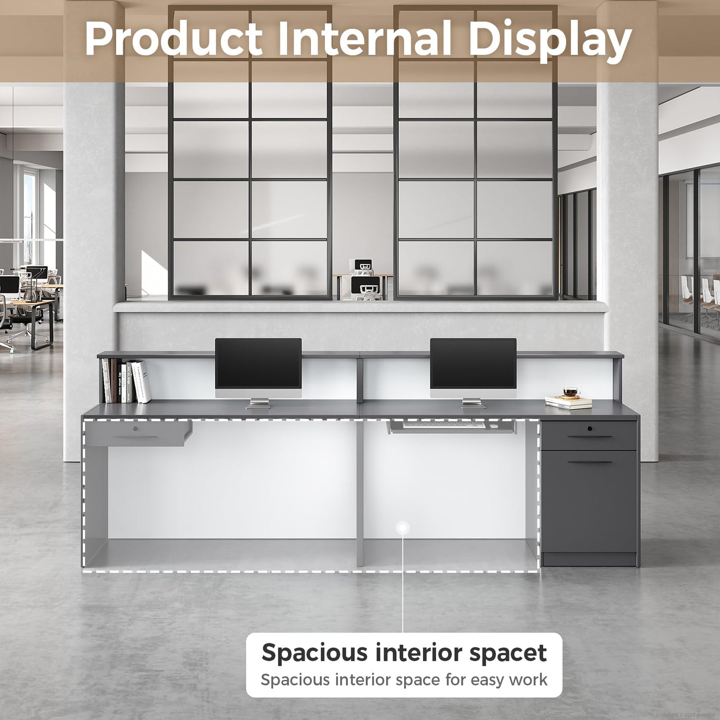 Modern Reception Desk with Counter, LED Light, Lockable Drawers, and Storage Shelves for Office, Spa, Salon, or Retail Store (Gray, 87" L*24" W*40" H)