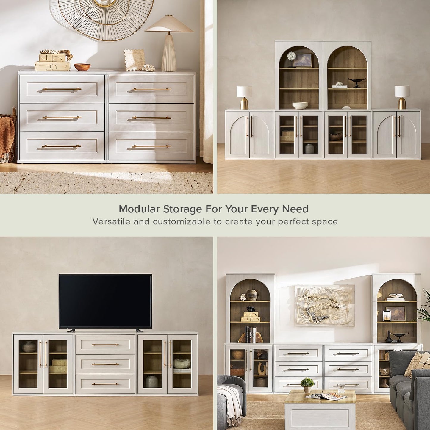 mopio Blake 4 Piece Entertainment Center with Storage, Modern Farmhouse Modular Storage Cabinet Dresser TV Stand for up to 65" TVs, Side Display Case (White Oak, 4 Units + Hutch)