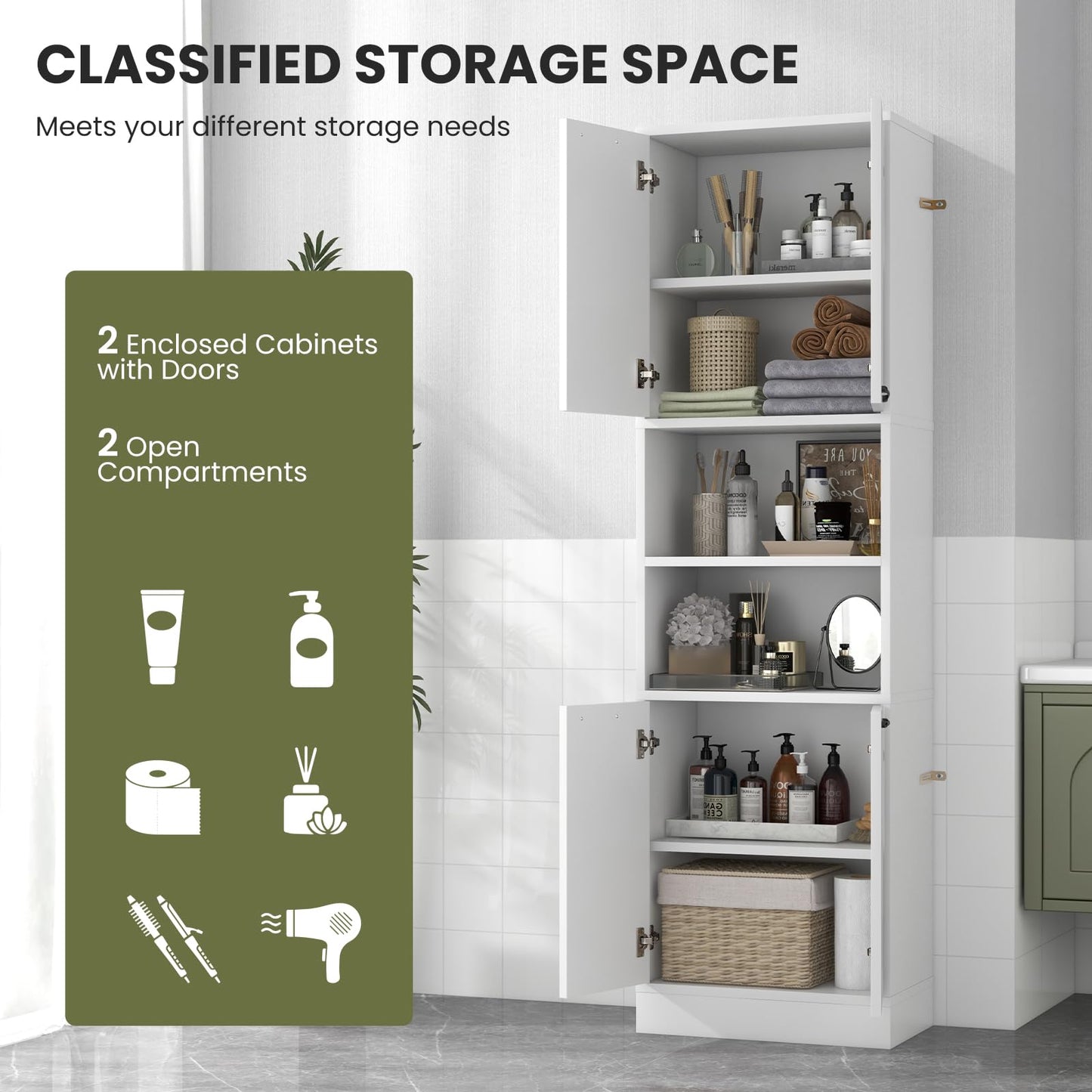 NAFORT Storage Cabinet, 75" Freestanding Tall Cupboard with Shelves, Anti-toppling Devices & Non-Slip Foot Pads, Modern Slim Cabinet for Indoor Space