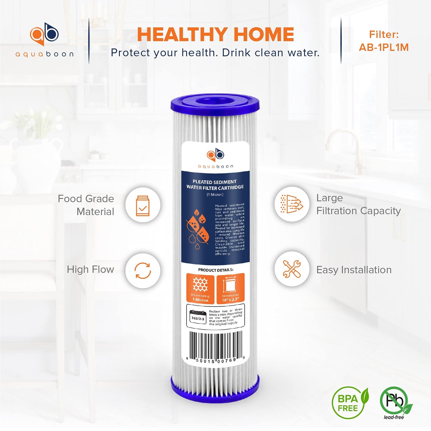 Aquaboon 1 Micron Pleated Water Filter 10 x 2.5 - Whole House Sediment Filter Replacement Cartridge Compatible with WFPFC3002, WHKF-WHPL, 50-Pack