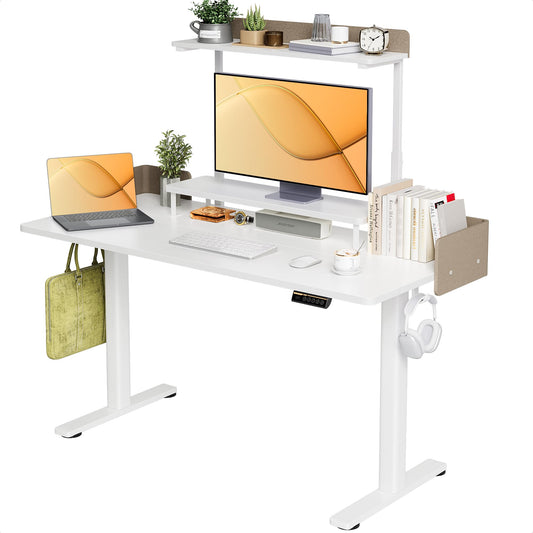 Claiks Electric Standing Desk with Monitor Stand, 55 Inches Electric Height Adjustable Desk with Removable Shelves, Stand Up Computer Desk Workstation, White