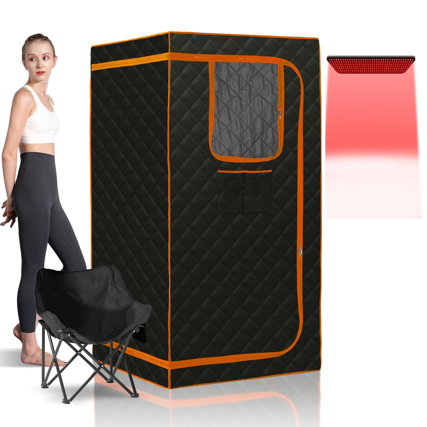 Smartmak Portable Infrared Sauna,1 Person Infrared Sauna Box with 660nm Red Light Therapy, Full Size Sauna Tent for Home, Foot Heating Pad, Folding Chair (Orange-1Person)