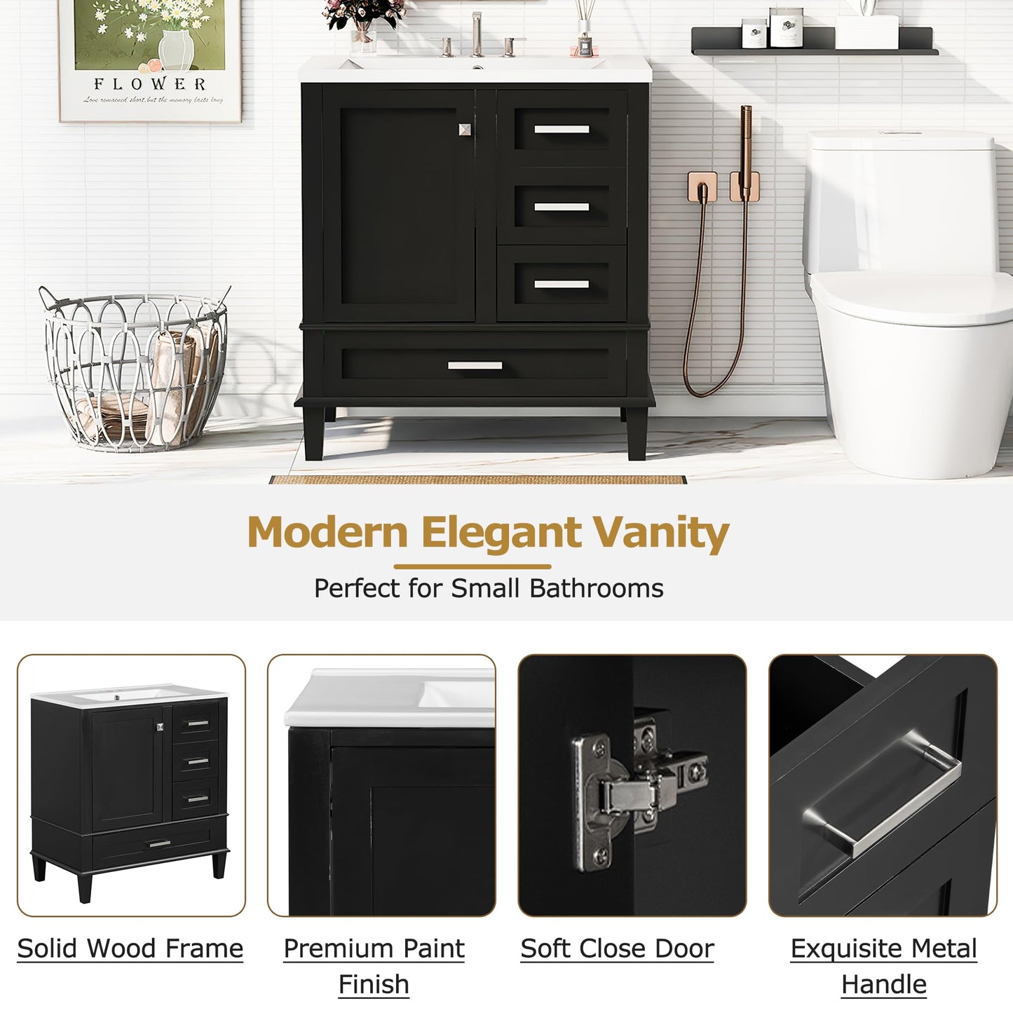 Merax 30" Black Bathroom Vanity with Sink Combo Set, Modern Storage Cabinet with a Soft Closing Door and 3 Drawers