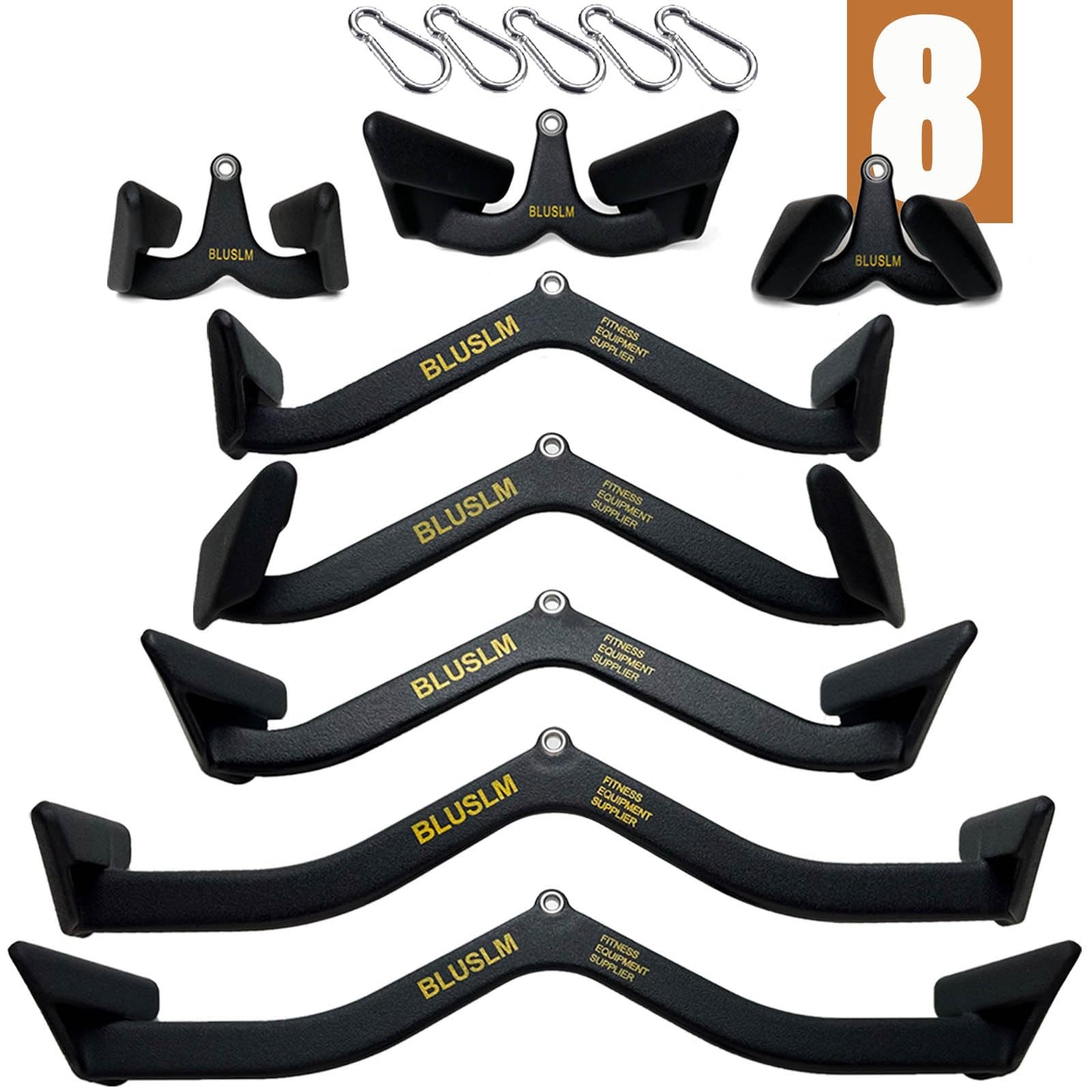 BLUSLM LAT Pull Down Bar T bar Row Attachment, V Bar Tricep LAT Pulldown Attachments, Back Strength Training Bar for Home Gym Exercise Cable Machine Attachments (Black 8 Pieces)