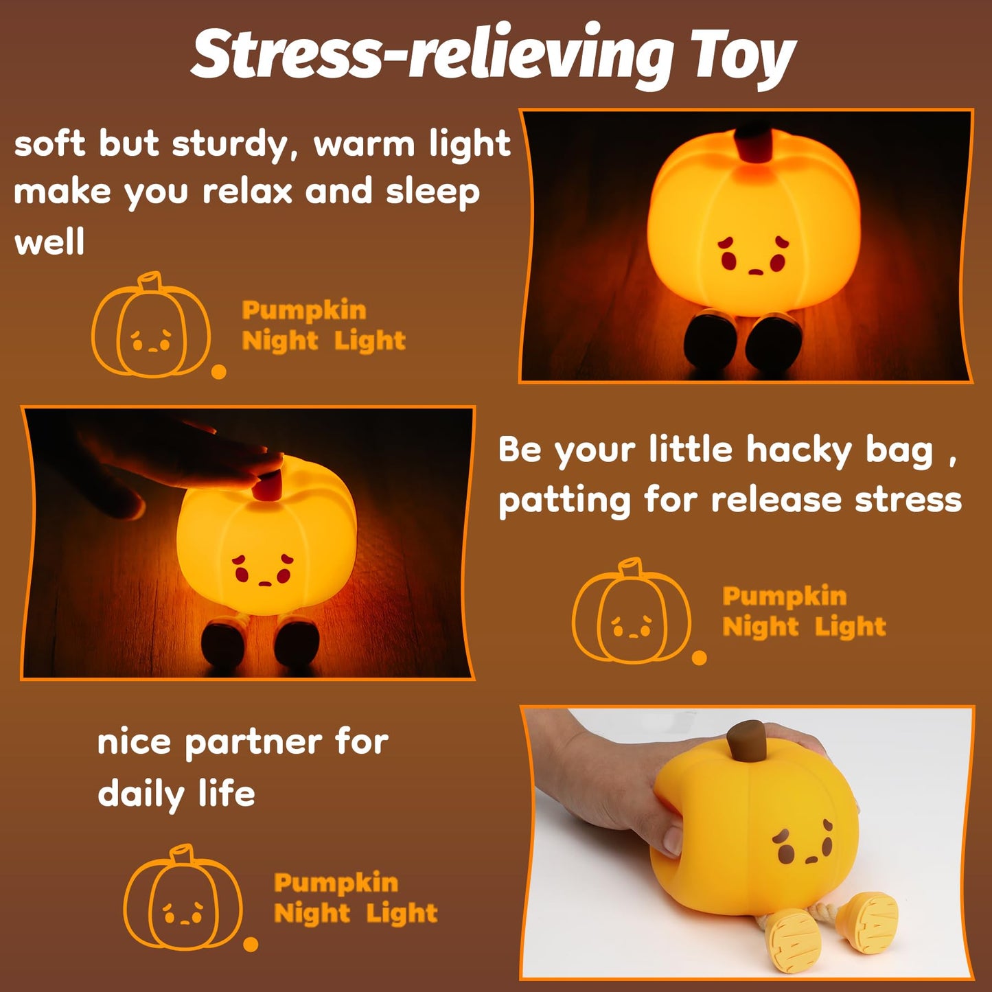 EEKEDO Pumpkin Silicone Night Light - Colorful, Dimmable, Rechargeable, 2 Pack - Orange