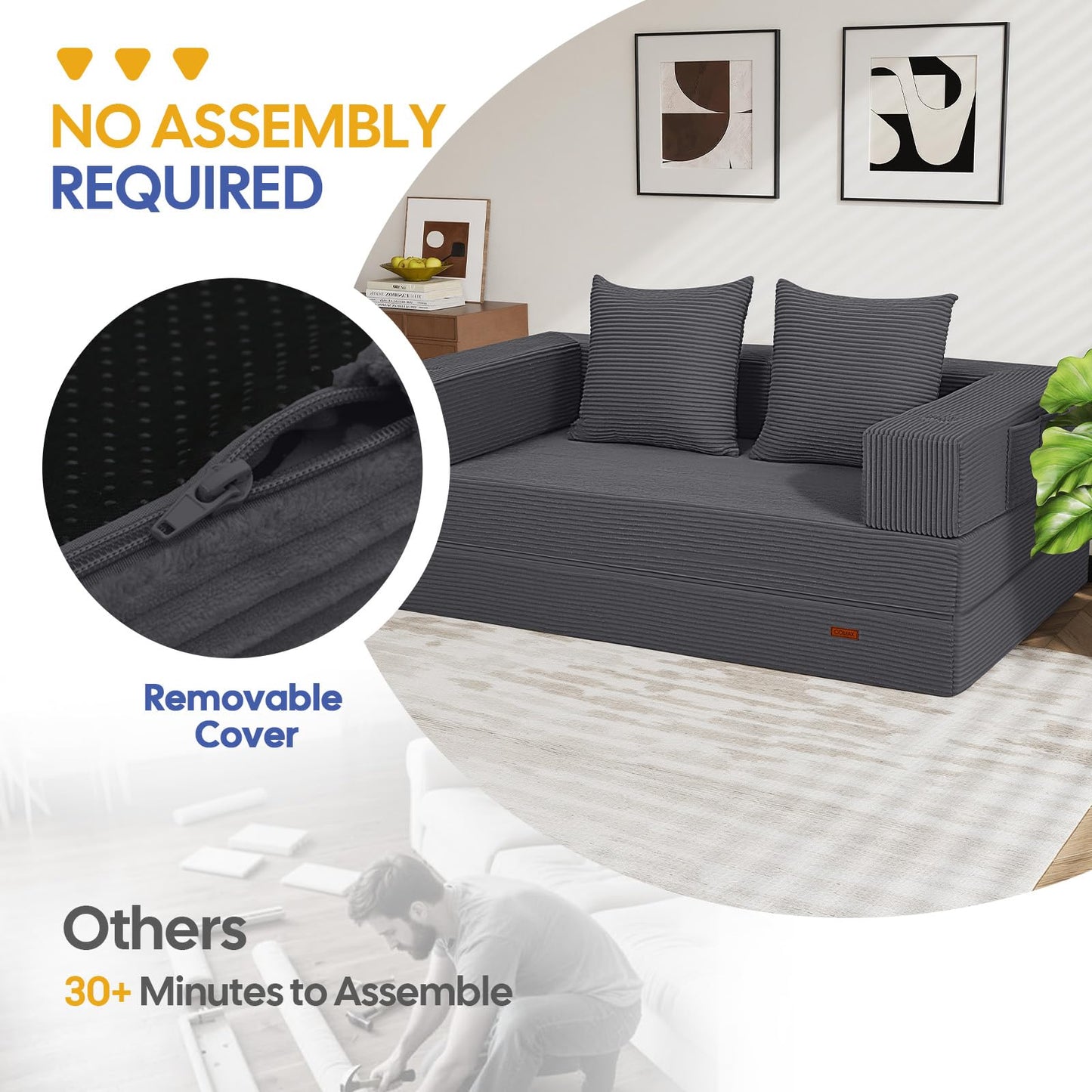 COMAX Futon Sofa Bed, 4‑in‑1 Convertible Sofa Bed, Folding Boneless Couches for Living Room, Fold Out Small Foldable Loveseat Floor Sleeper Comfy Mattress Lounge Space‑Saving, Grey