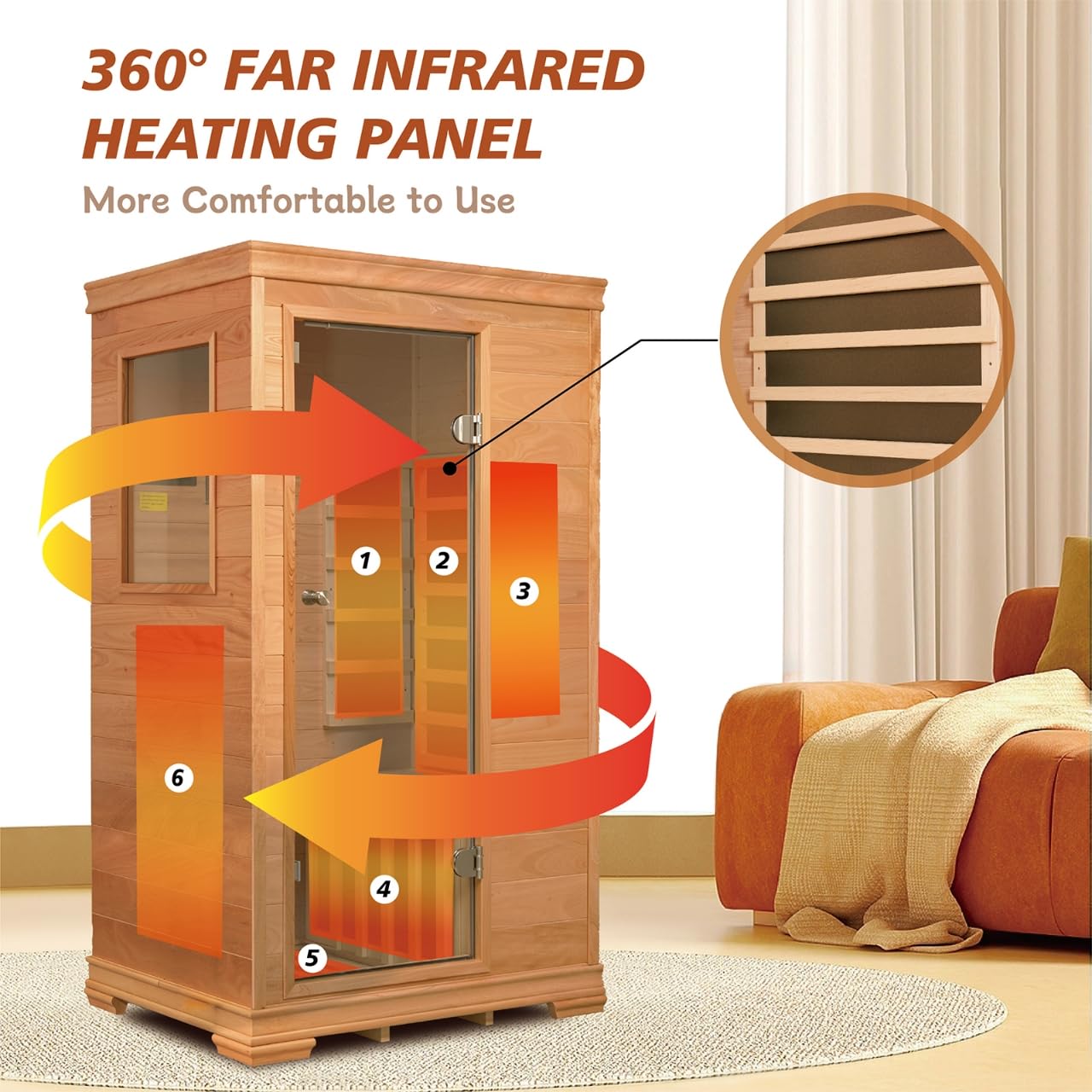 Far Infrared Sauna Room for 1 Person, Power 960W/120V with Elevated Base, 6 Heating Panels, Built-in Speakers, Tea Tray, Control Panel, 35 * 27 * 61 Inch