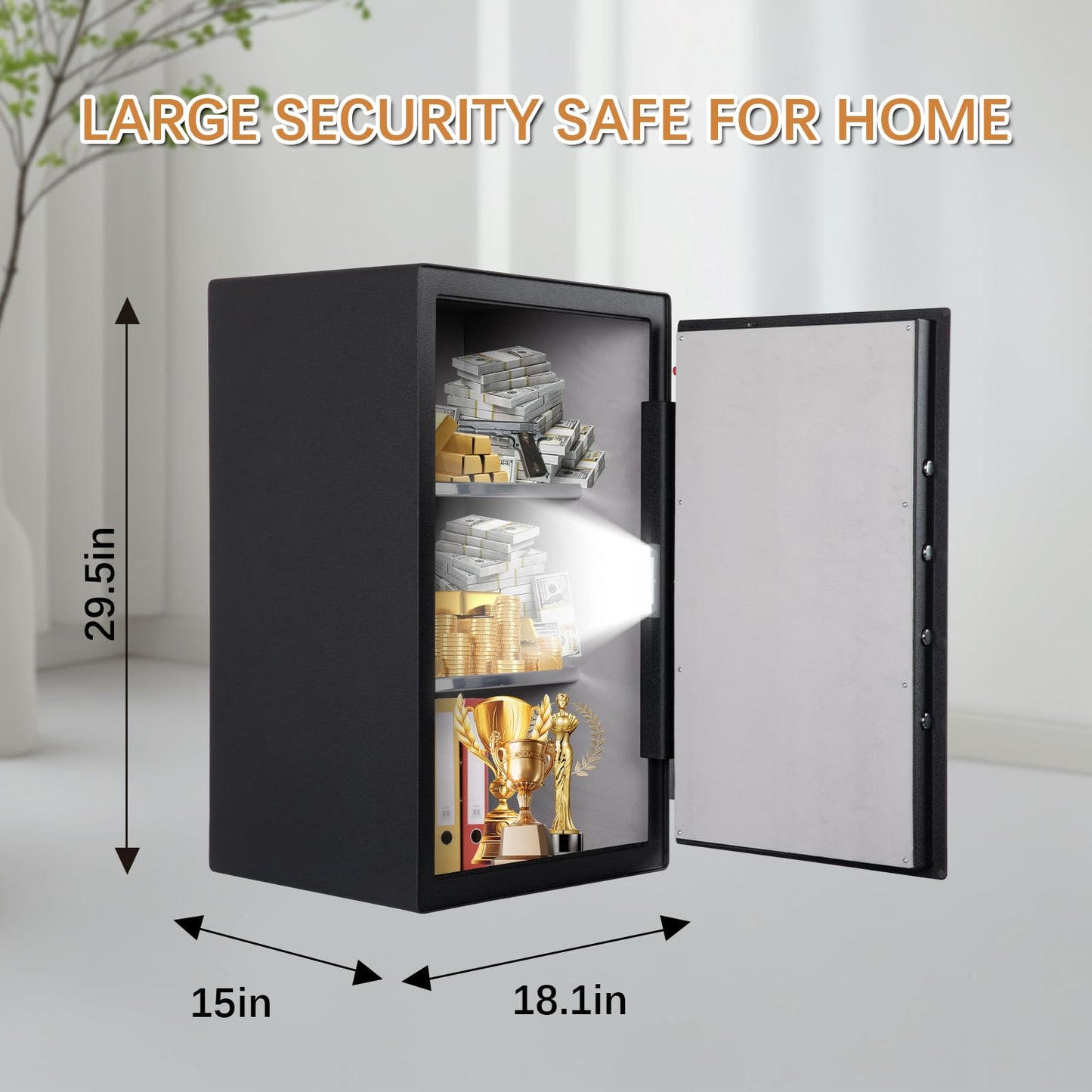 4.7 Cu.Ft Large Home Safe,with Fireproof Waterproof Bag, Heavy Duty Fingerprint Security Safe, Built-In Drawer and Removable Shelf for Storing Valuables