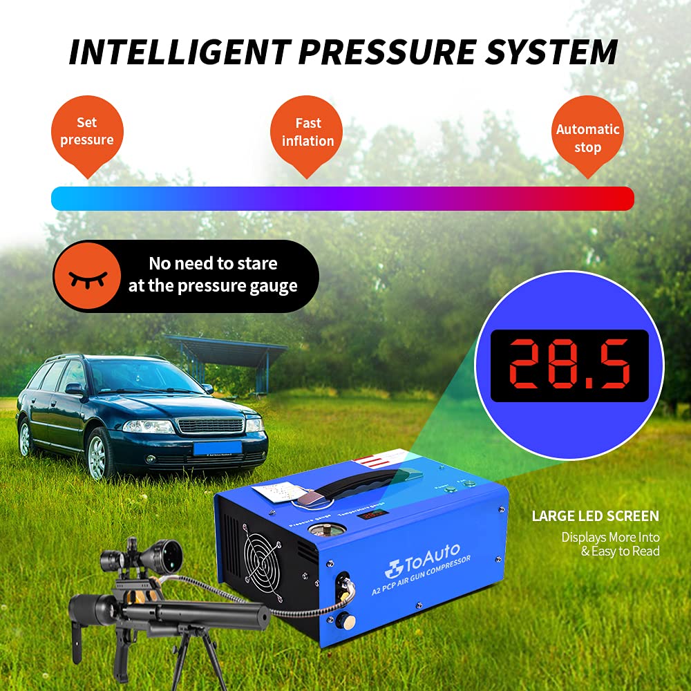 TOAUTO A2 PCP Air Compressor, Auto-Stop, Portable 4500Psi/30Mpa, Oil/Water-Free, 8MM Quick-Connector HPA Compressor for Paintball/PCP Air Rifle/Scuba Tank, Powered by Home 110V AC or 12V Car DC（Blue）