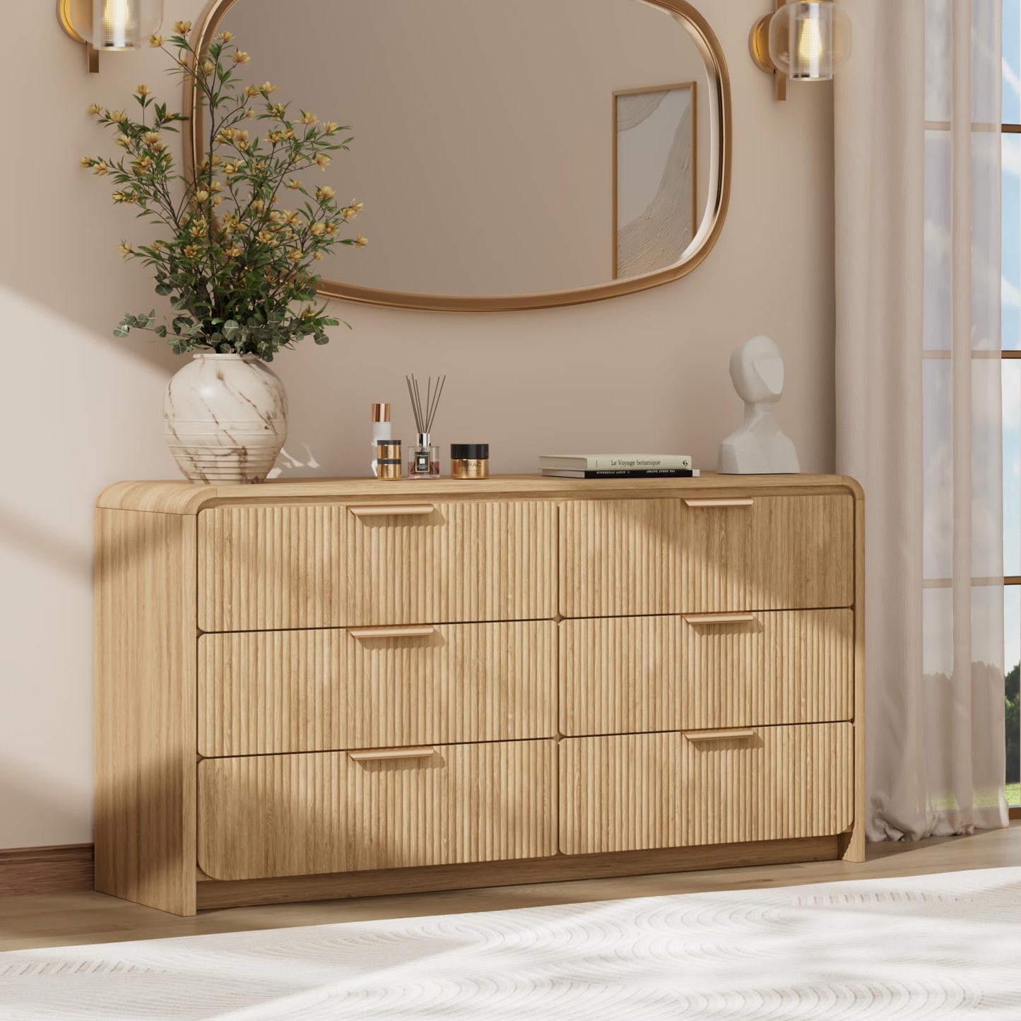 HOTALLOY Fluted 6 Drawer Dresser, 47” Wide Wooden Storage Chest with Rounded Curved Corners and Gold Handles, Natural Oak Wood Dresser for Bedroom, Living Room, Hallway