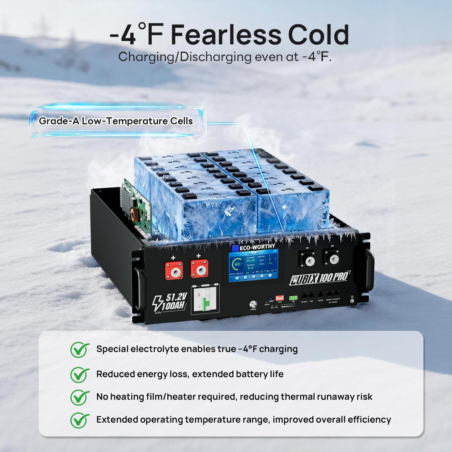 ECO-WORTHY Cubix100 Pro 48V 100Ah Server Rack LiFePO4 Lithium Battery, LED Display, Bluetooth & WiFi Connectivity, Low-Temperature Resistant Cells, for Home Backup Power and Solar Energy Storage