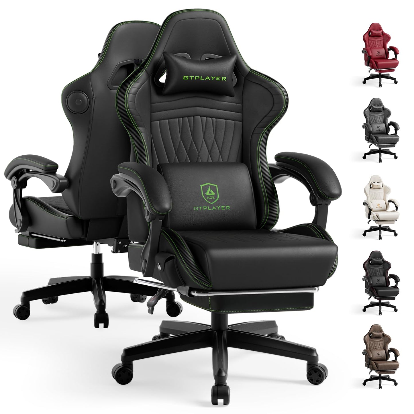 GTPLAYER ACE-PRO Music Gaming Chairs – Built-in Speakers, App Support & Bluetooth Control, Computer Game Chairs with Footrest for Adults, Ergonomic, Reclining, Linkage Armrest, Black & Green Stitch