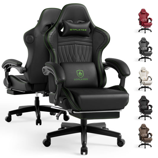 GTPLAYER ACE-PRO Music Gaming Chairs – Built-in Speakers, App Support & Bluetooth Control, Computer Game Chairs with Footrest for Adults, Ergonomic, Reclining, Linkage Armrest, Black & Green Stitch