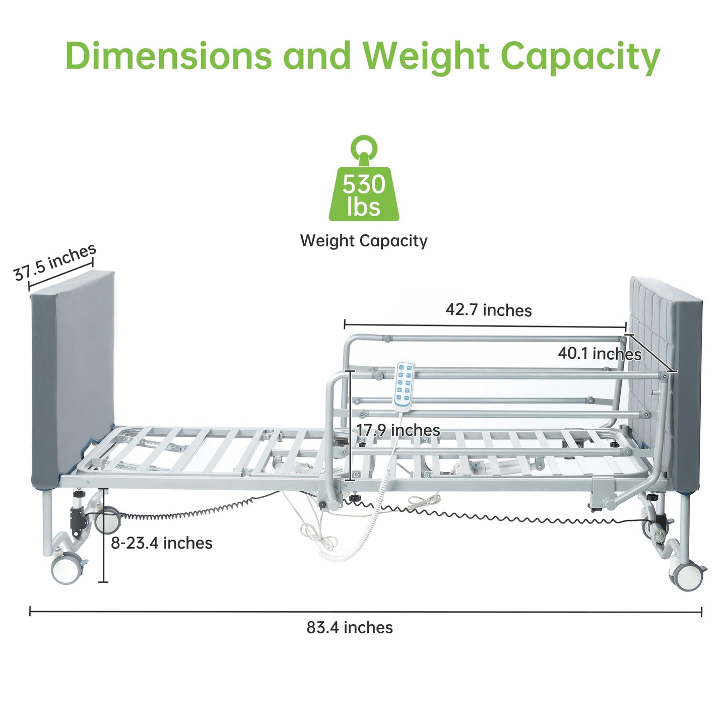 Real Relax 5 Function Full Electric Hospital Bed, Ultra Low Electric Medical Bed with Movable Dining Table, 6" Foam Mattress, 5" Locking Casters, for Home Use, Includes headboard and Footboard Covers