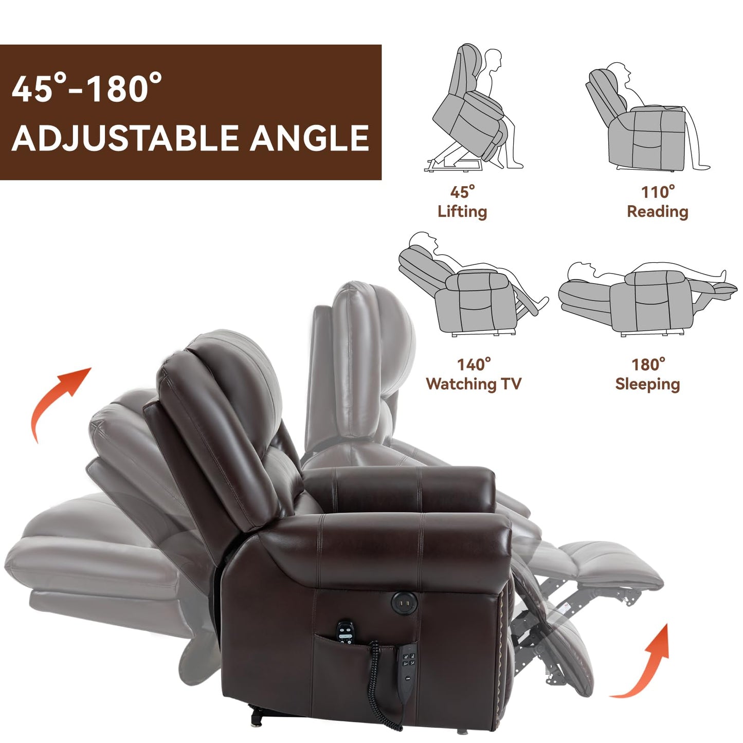 KEIKI Oversized Power Lift Recliner Rocking Chair for Adults, Faux Leather Mid Century Modern Accent Chair with Back Message & Heat USB Port, Adjustable Home Theater Seating for Living, Antique Brown