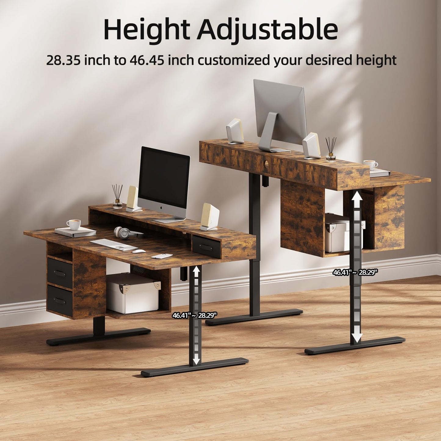 63x24 Inches Standing Desk with Drawers, Electric Computer Desk with Open Storage Shelf, Stand Up Desk, Adjustable Height 28-46 Inches for Home and Computer Workstation, Rustic Brown