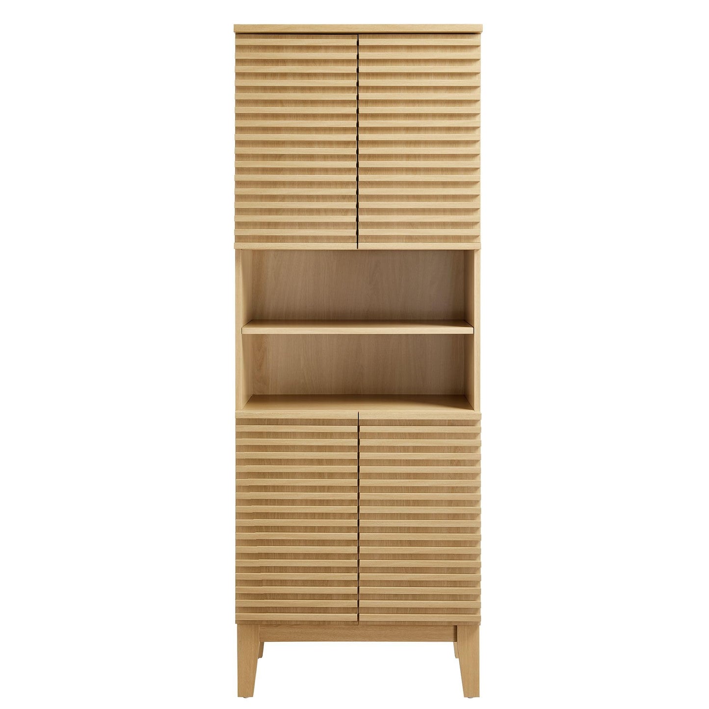 Modway Render Tall Bathroom Storage Tower in Oak - 63” Freestanding Linen Cabinet with Open Shelves and 4 Soft-Close Doors - Towel and Makeup Organizer