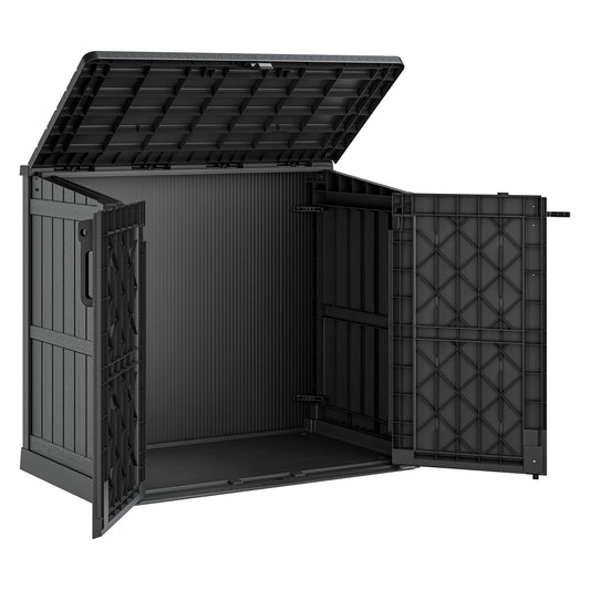 LHBcraft Outdoor Storage Cabinet 36 Cu Ft with Lockable Doors, Portable Horizontal Resin Storage Shed - Easy to Assemble, Waterproof Small Storage Shed with Floor Black