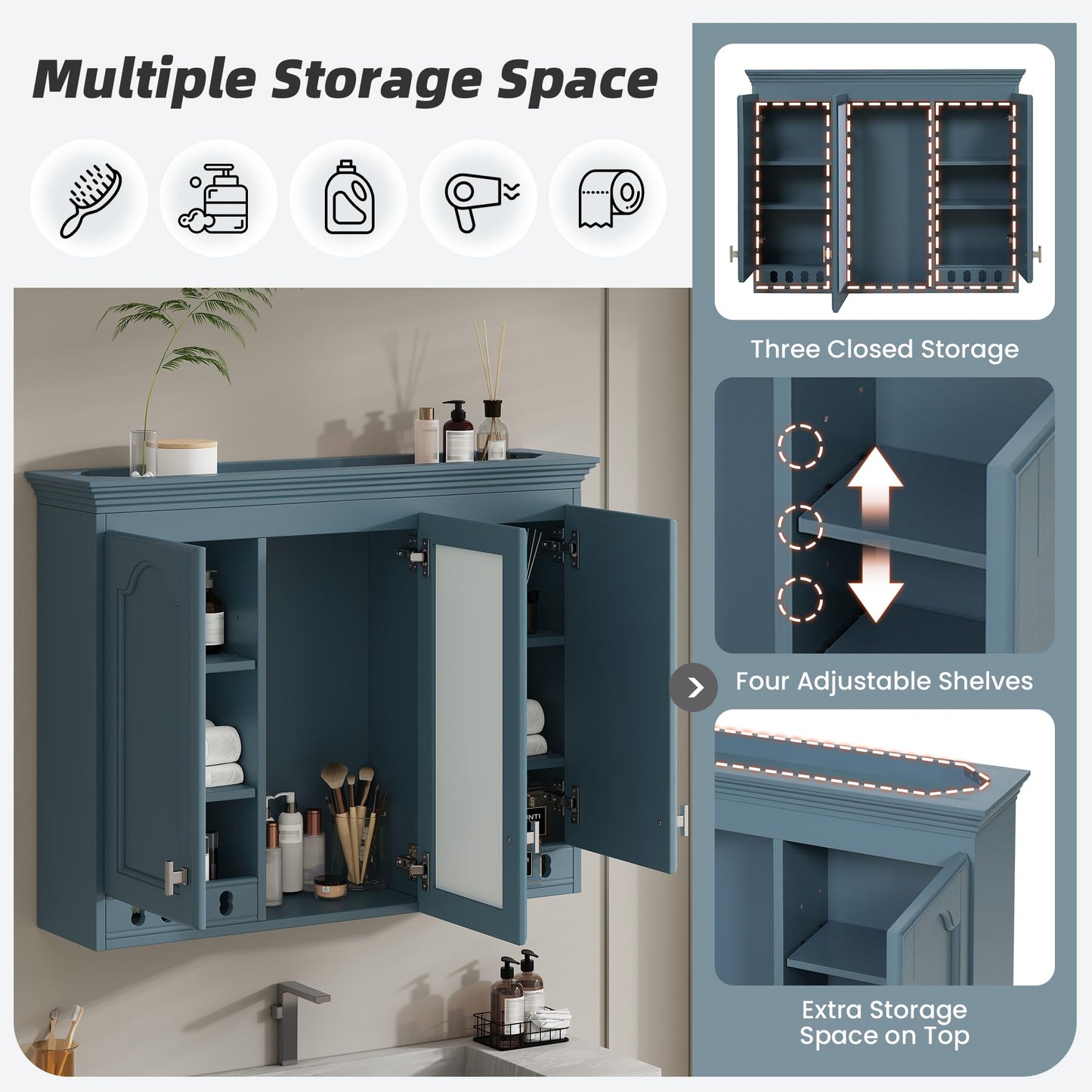 Merax Country Bathroom Medicine Cabinet with Mirror, 36" x 28" Wall Mount Bathroom Storage Cabinet with Soft-Close Doors and Adjustable Shelves, Over Toilet Wall Cabinet