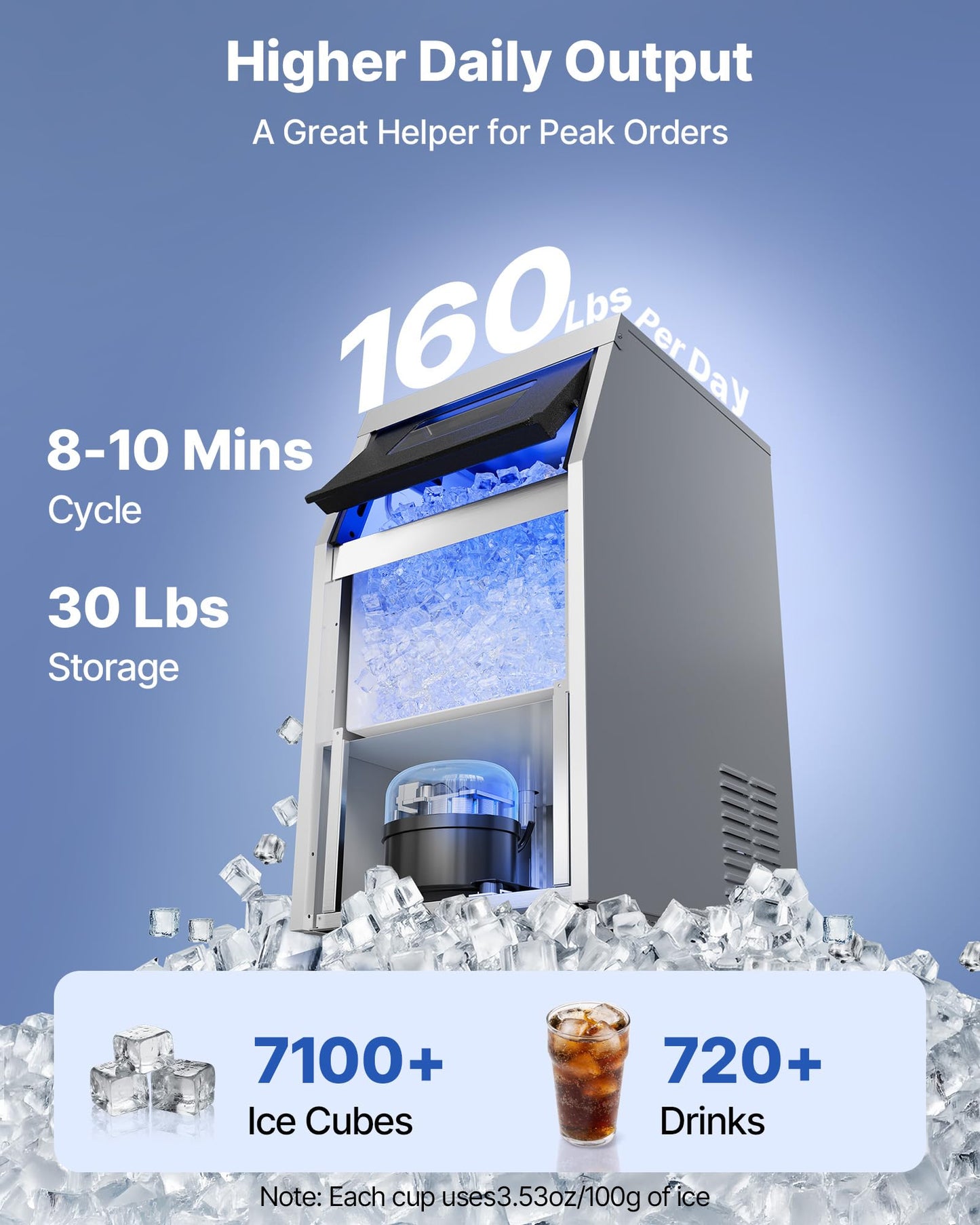 VEVOR Commercial Ice Maker Machine, 160 lbs/24h with 30 lbs Storage Capacity, Built-in/Freestanding/Under Counter, Stainless Steel Ice Maker with LED Display & Self-Cleaning, for Home Bar Restaurant