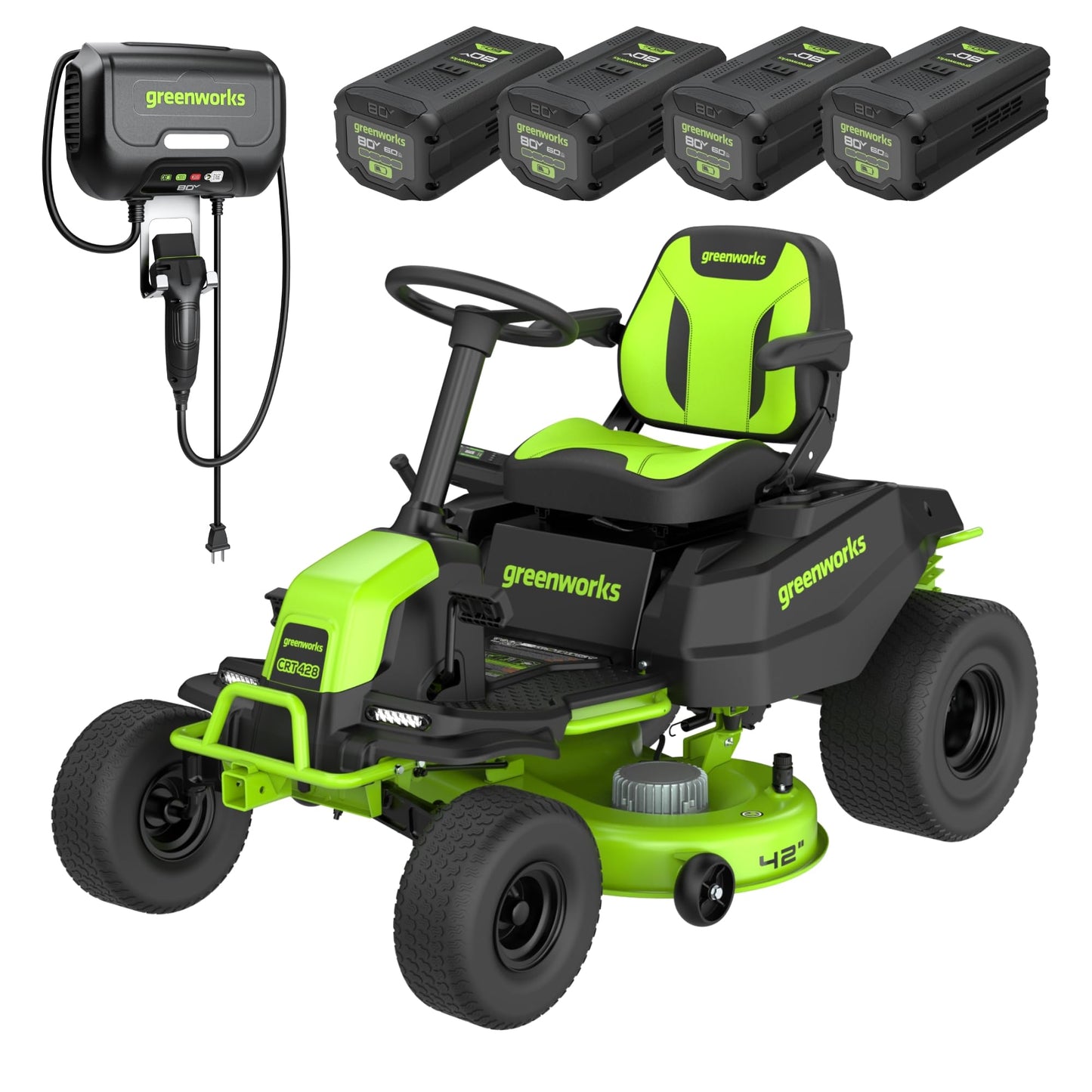 Greenworks 80V 42" CrossoverT Cordless Riding Lawn Tractor, (4) 6.0Ah Batteries and 600W Charger