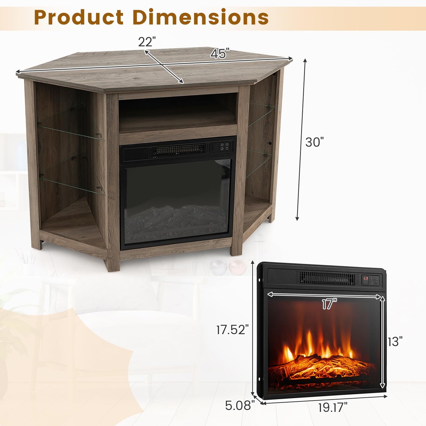 CLEEMAN Fireplace Corner TV Stand, Entertainment Center for 50 Inch TV w/LED Lights Adjustable Shelves Overheat Protection Remote/APP Control, TV Console w/Built-in Electric Fireplace (Grey)