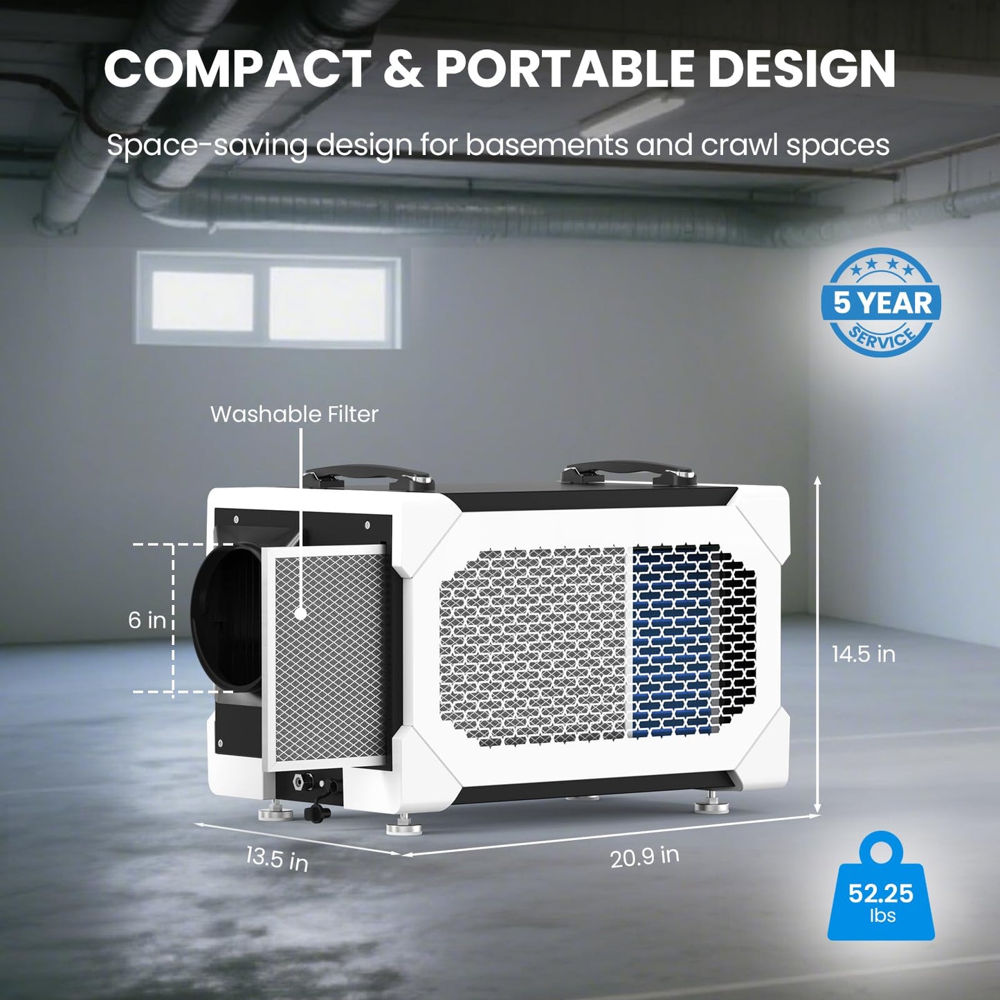 CADPXS Crawlspace Dehumidifier with Pump and Drain Hose, 145 Pints Commercial-Grade Dehumidifier for Crawl Spaces, Basements, Industrial and Water Damage Use, Large Capacity, Auto Defrost, cETL