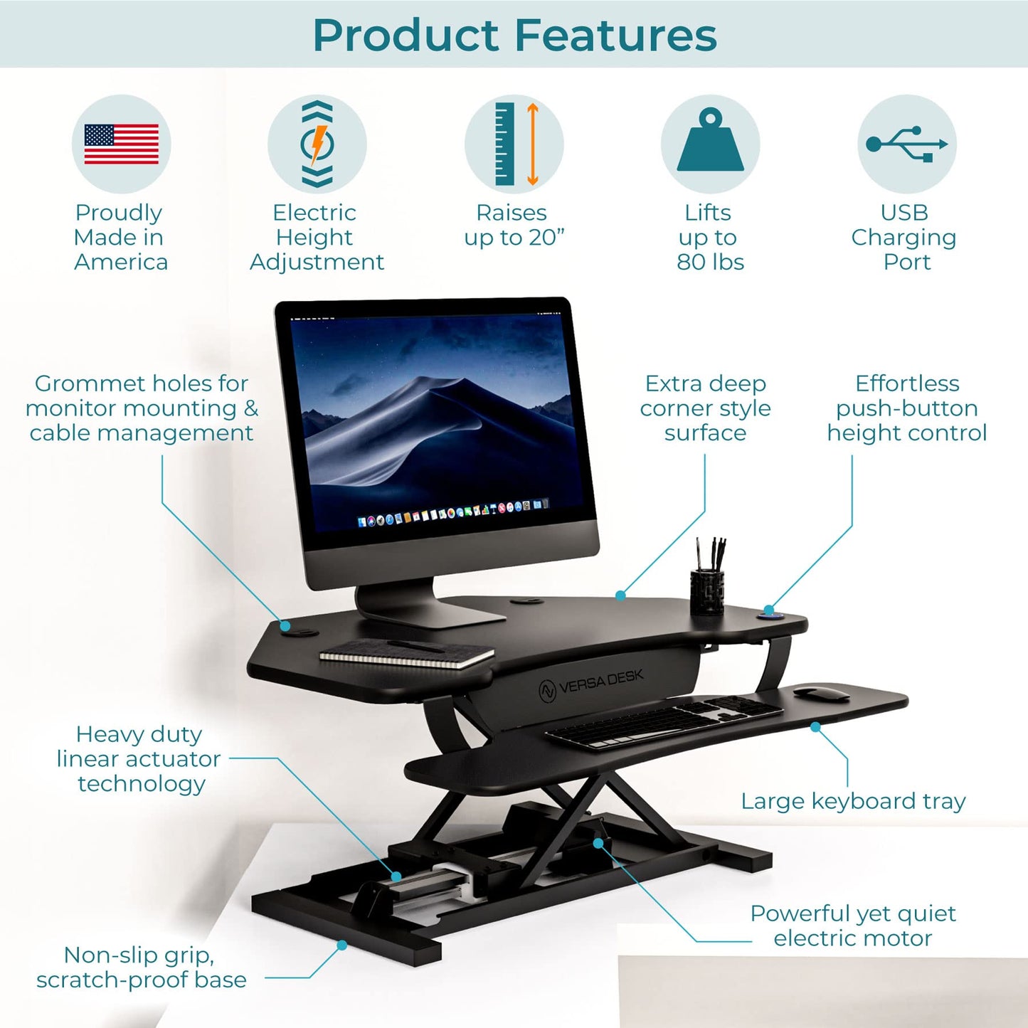 VERSADESK PowerPro 36" Corner Standing Desk Converter, 36 Inch Motorized Height-Adjustable Standup Desk Riser Sit to Stand Desktop with Keyboard and Mouse Tray + USB Charging Port, Black